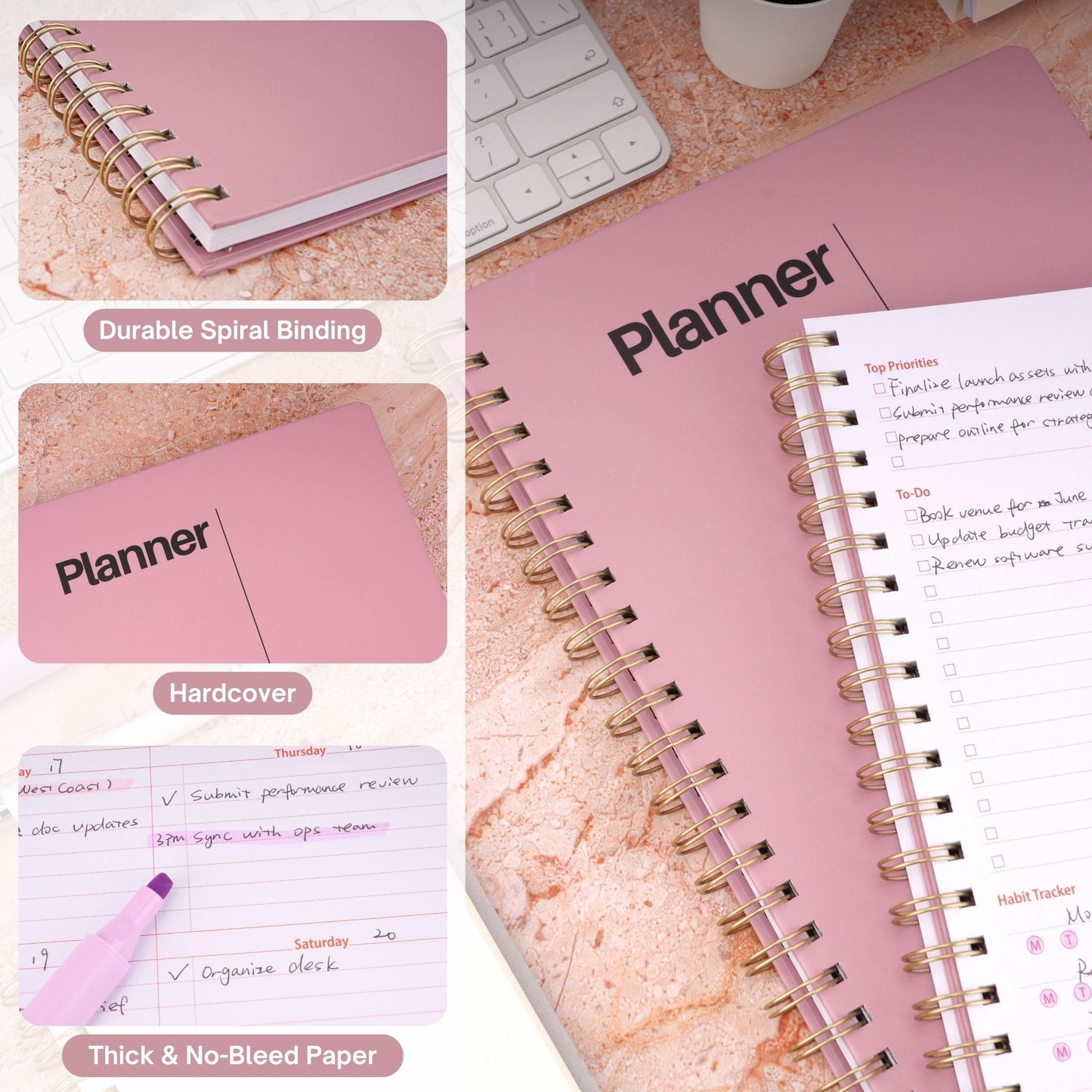 Undated Weekly Planner, 8.5x11” – Dashboard Layout with Yearly Review, Monthly Calendars, & Weekly To Do List, Spiral Bound Organizer for Work, Study & Life (Pink)