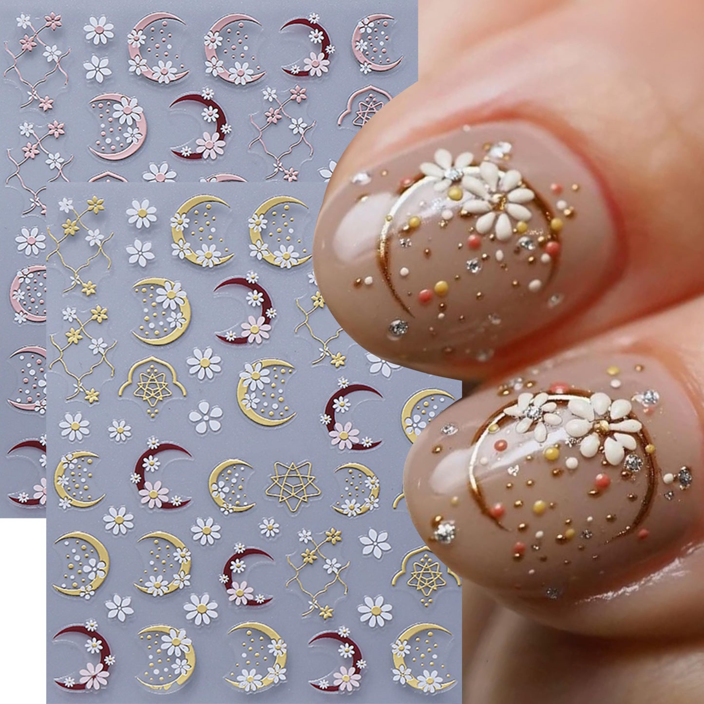 6 Sheets Daisy Moon Nail Art Stickers Flower Nail Stickers White Flower Nail Decals Cute Daisy Nails Supplies Gold Rose Gold Moon Daises Nail Design for Spring Summer DIY Nail Decorations Accessories