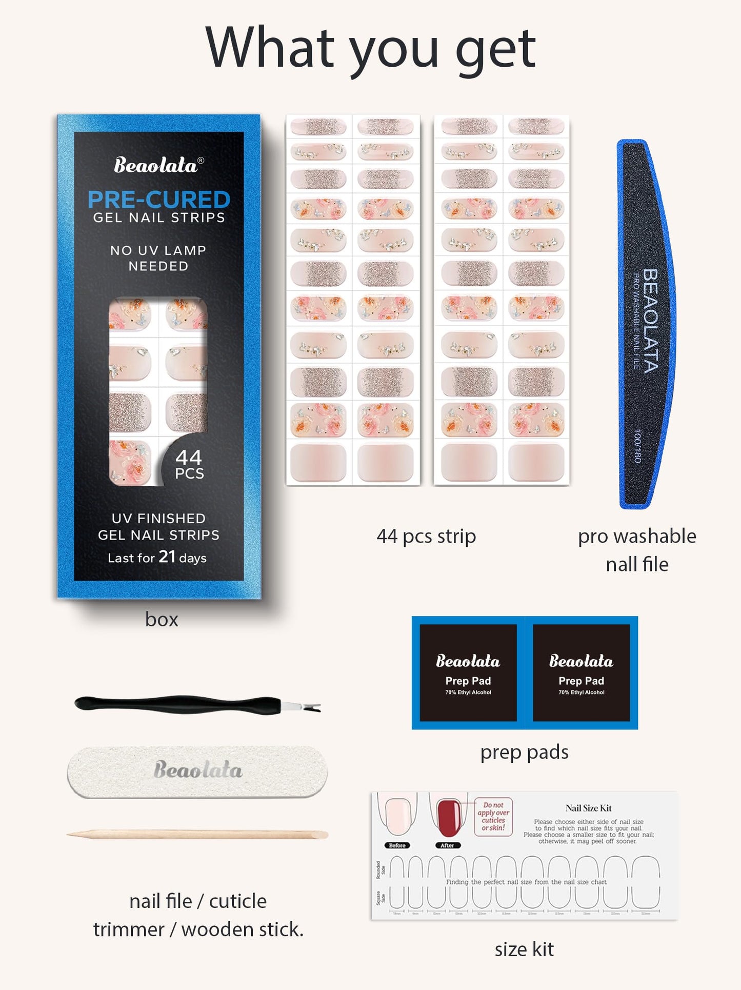 Beaolata Real Gel Nail Strips (No UV Light Needed) - 44Pcs Salon Quality Nail Stickers - Long Lasting Polish Wraps for Women, Easy Apply & Remove (Nude Whisper)