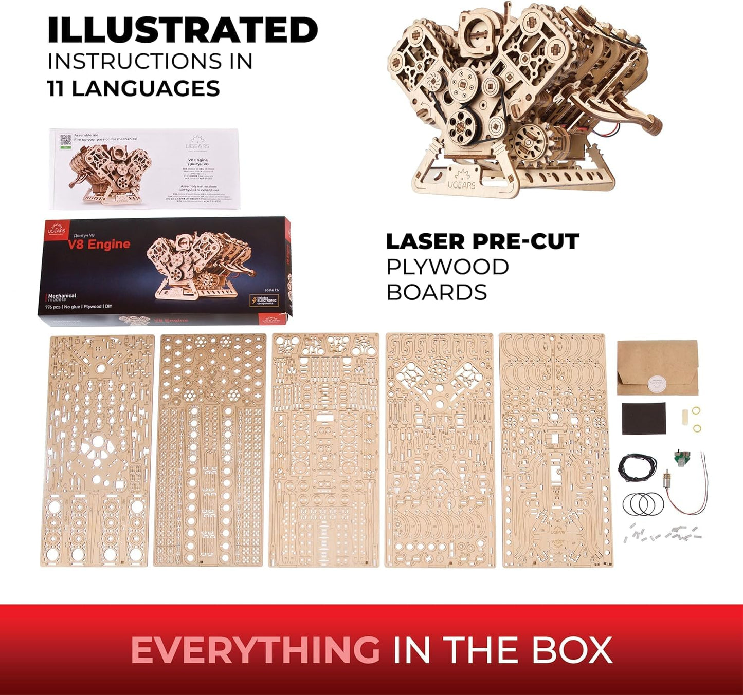 UGEARS V8 Engine Model Kit - 3D Wooden Puzzles for Adults, 3D Puzzle Model Engine Kit, DIY Kits Gifts for Engineers for Christmas, Wooden Model Kits for Adults to Build, Brain Teaser Hobby Set
