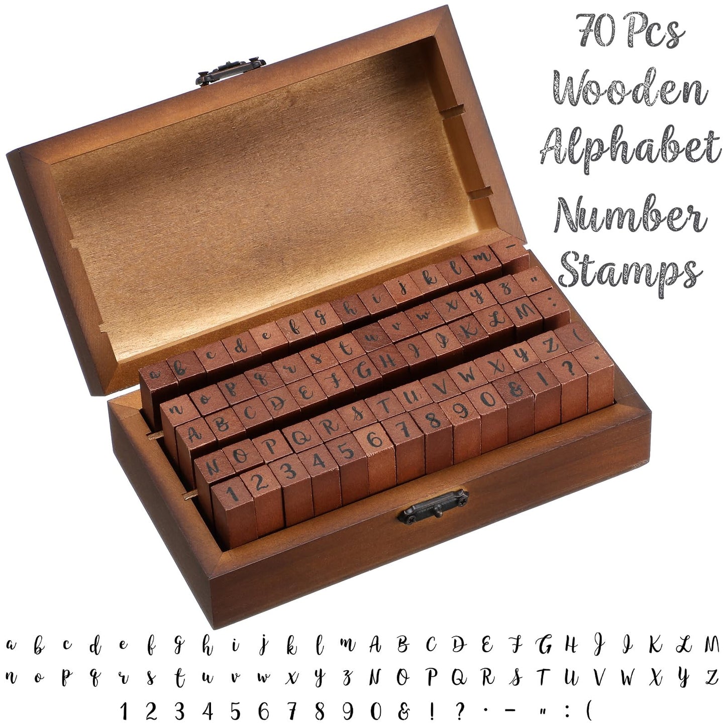 Fuyoooo 70 Pcs Alphabet Wooden Rubber Stamps with Box Letter Number Symbol DIY Craft Alphabet Stamps Set for Card Making DIY Craft Scrapbooking Supplie