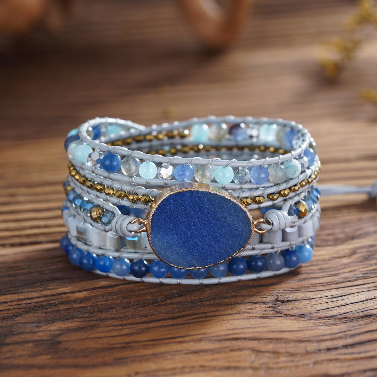 Plumiss Boho Handmade Stone Bracelet for Women Unique Healing Blue Aventurine Jasper Beaded Leather 5X Wrap Bracelets Jewelry for Women