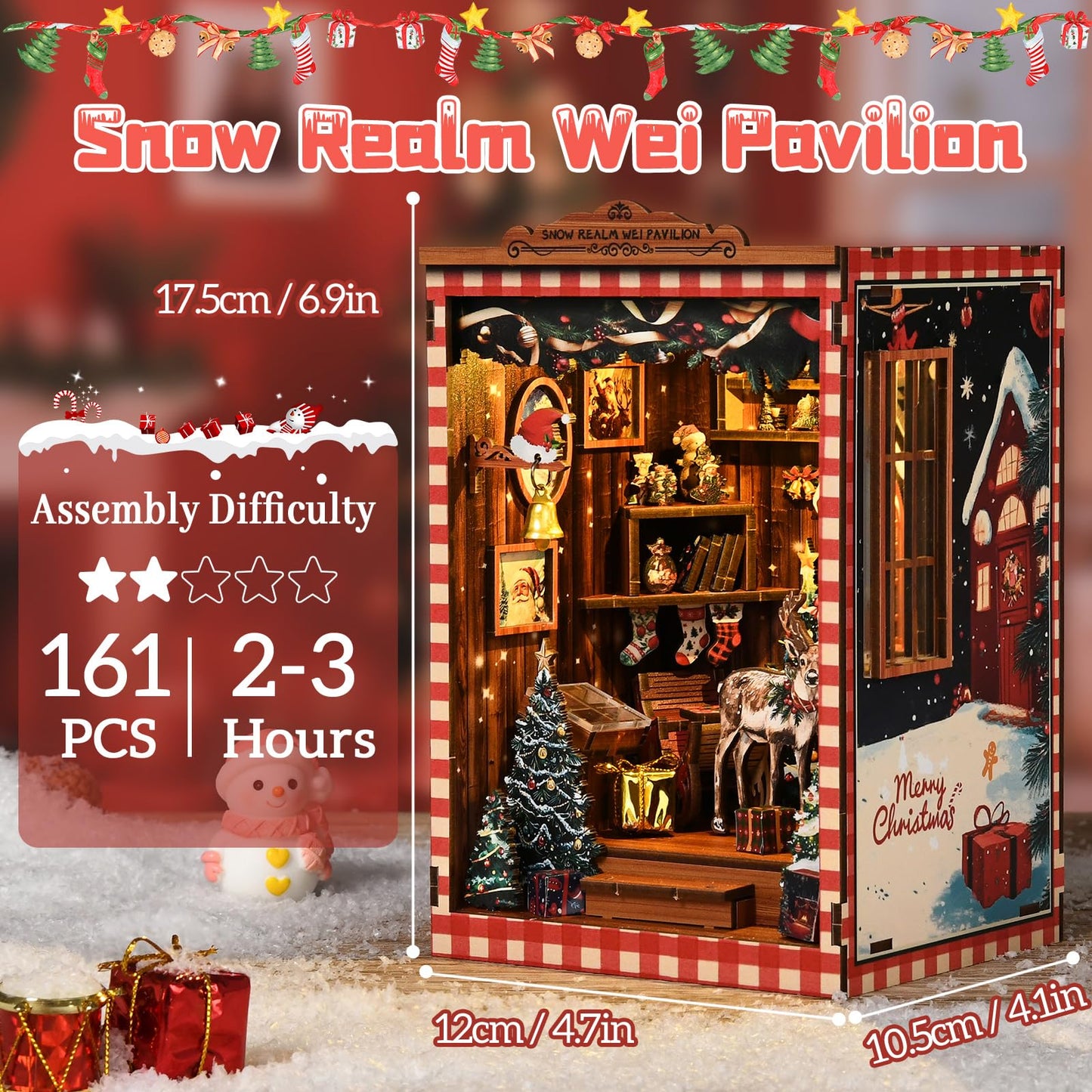 NEXTIPS DIY Mini Book Nook Kit, Snow Realm Wei Pavilion 3D Wooden Puzzle with LED Lights, Christmas Themed Bookshelf Decor, 161 Pcs Adult Craft Model for Home & Gift