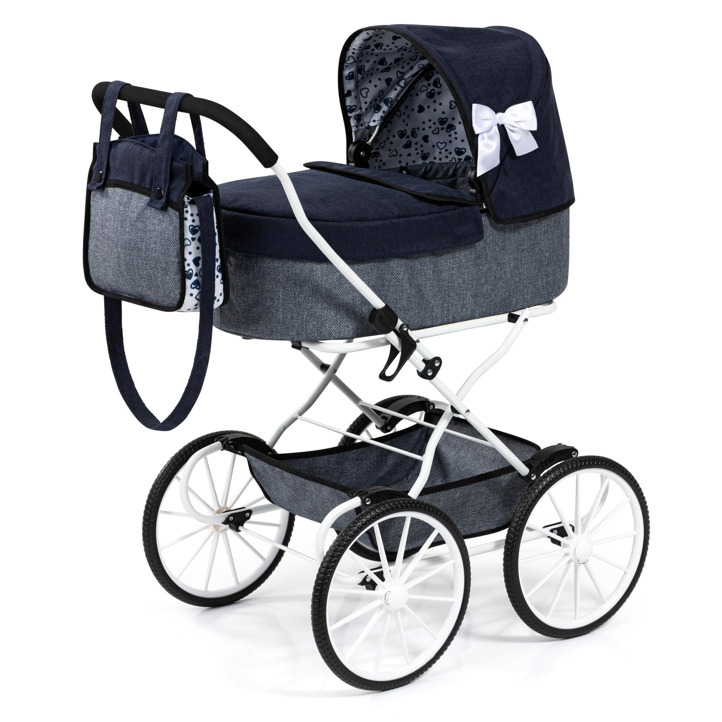 Bayer Design Classic Doll Pram – Navy-Grey-Hearts Stroller, Foldable Carriage with Storage Bag, 18 Inch, Ages 3+