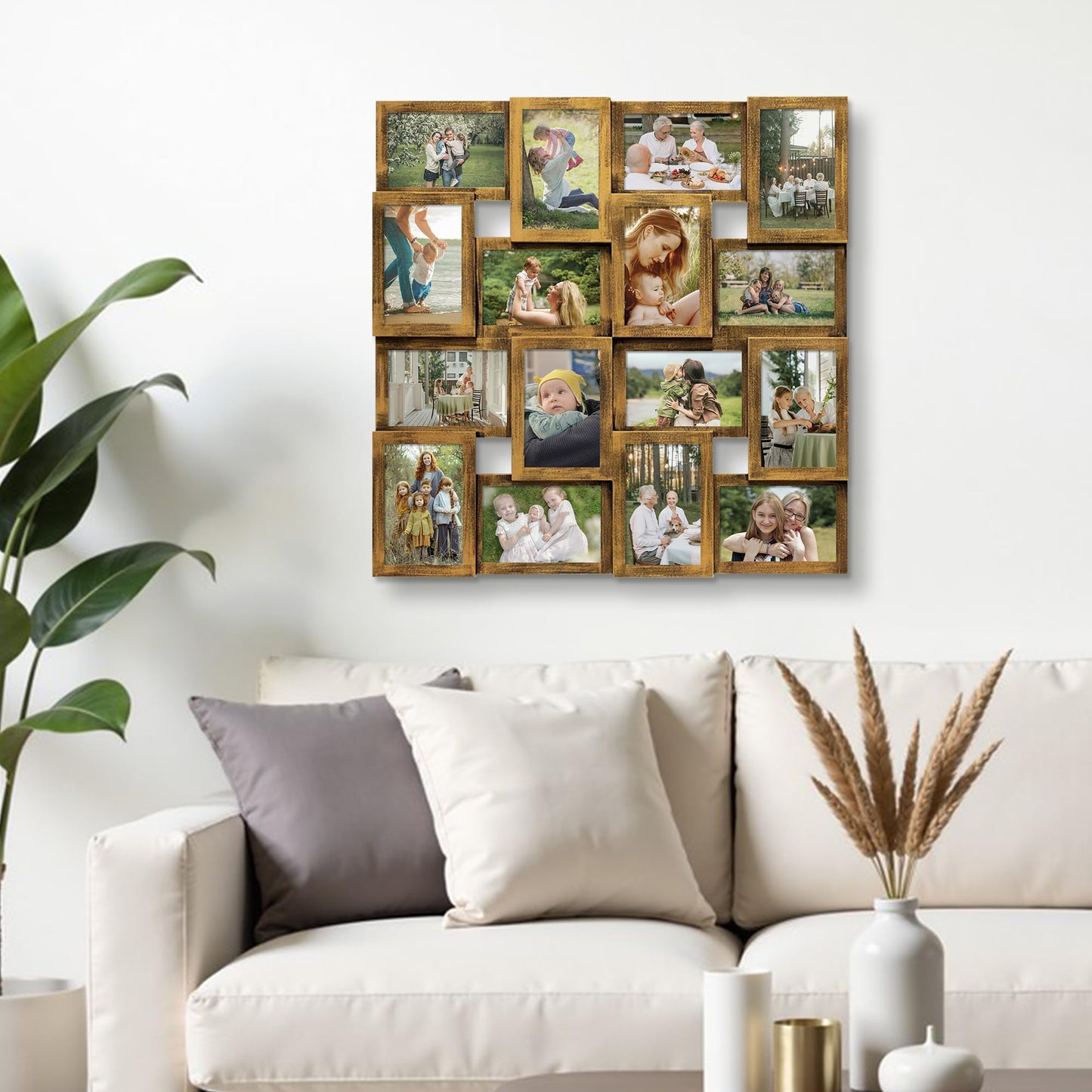 J.M.Deco Collage Picture Frames for Wall 16 Opening, Large Photo Frame Collage Wall Hanging for 4x6 Photo, Reunion Friends Family Memory, Christmas Gift - Retro Gold