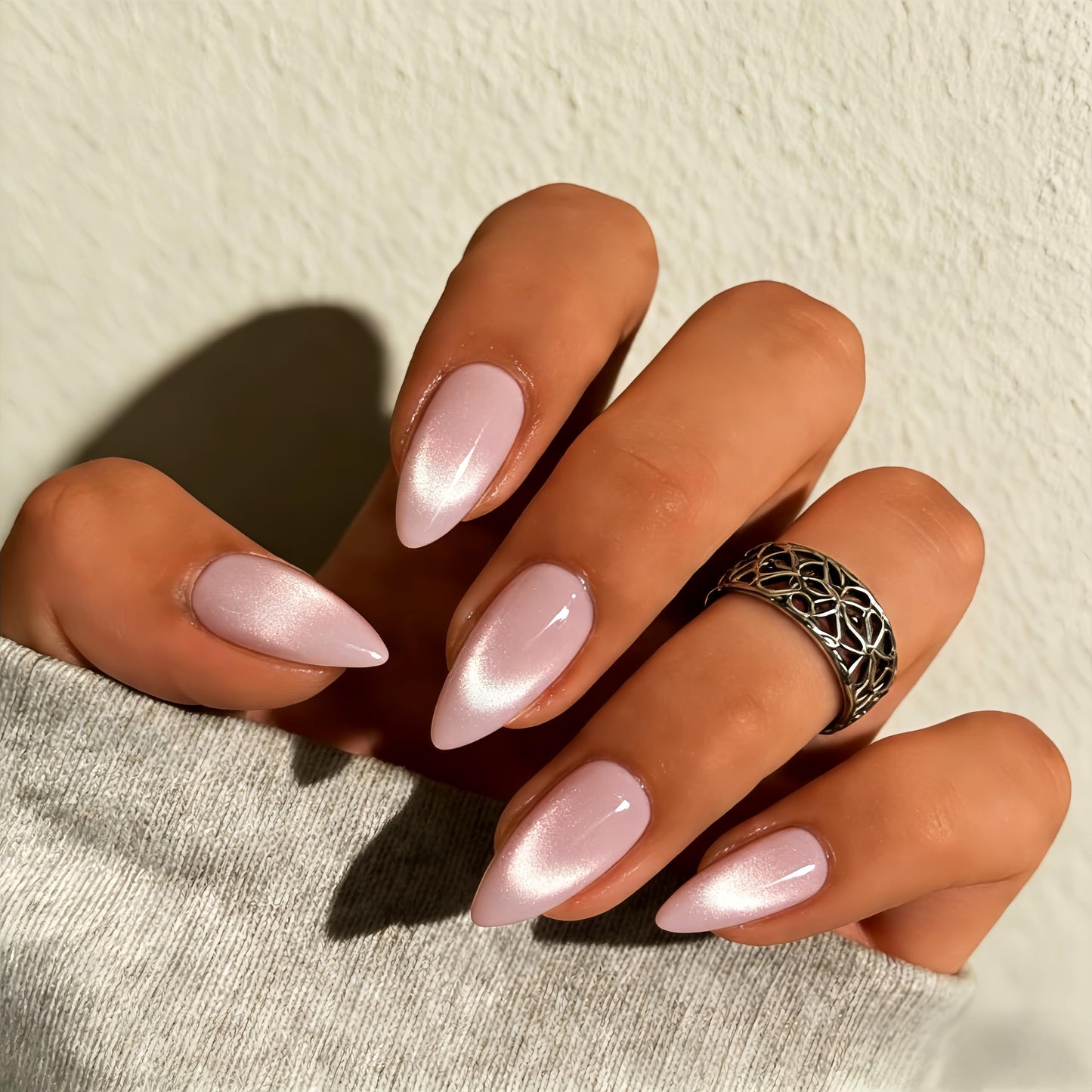 KQueenest Cat Eye Press On Nails Almond - Pastel Pale Pink Press On Nails Medium Stiletto, 30 Pcs 15 Sizes Glitter Fake Nails Press ons, Upgrade Thick Quality Bling Reflective Glue on Nail for Women
