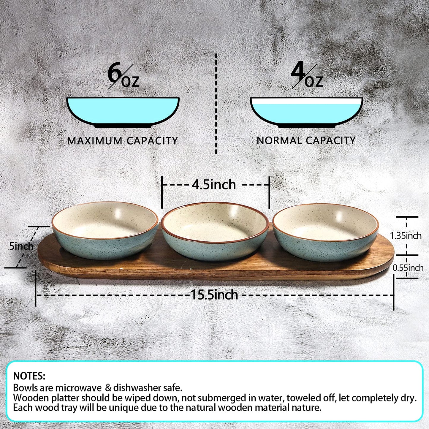 Artena 6oz Turquoise Solid Ceramic Chips and Dip Serving Platter with Acacia Wooden Tray, 4.5inch Glazing Small Serving Bowls/Dipping Dishes for Condiments,Side Dishes, Dipping, Pre, Dessert, Salsa