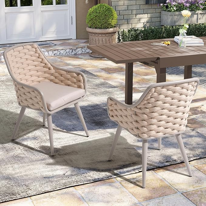 SUNSITT Contemporary Outdoor Dining Chairs Set of 2, Metal Patio Dining Chairs with Weather-Resistant Cushions, Woven Rope Chairs in Champagne
