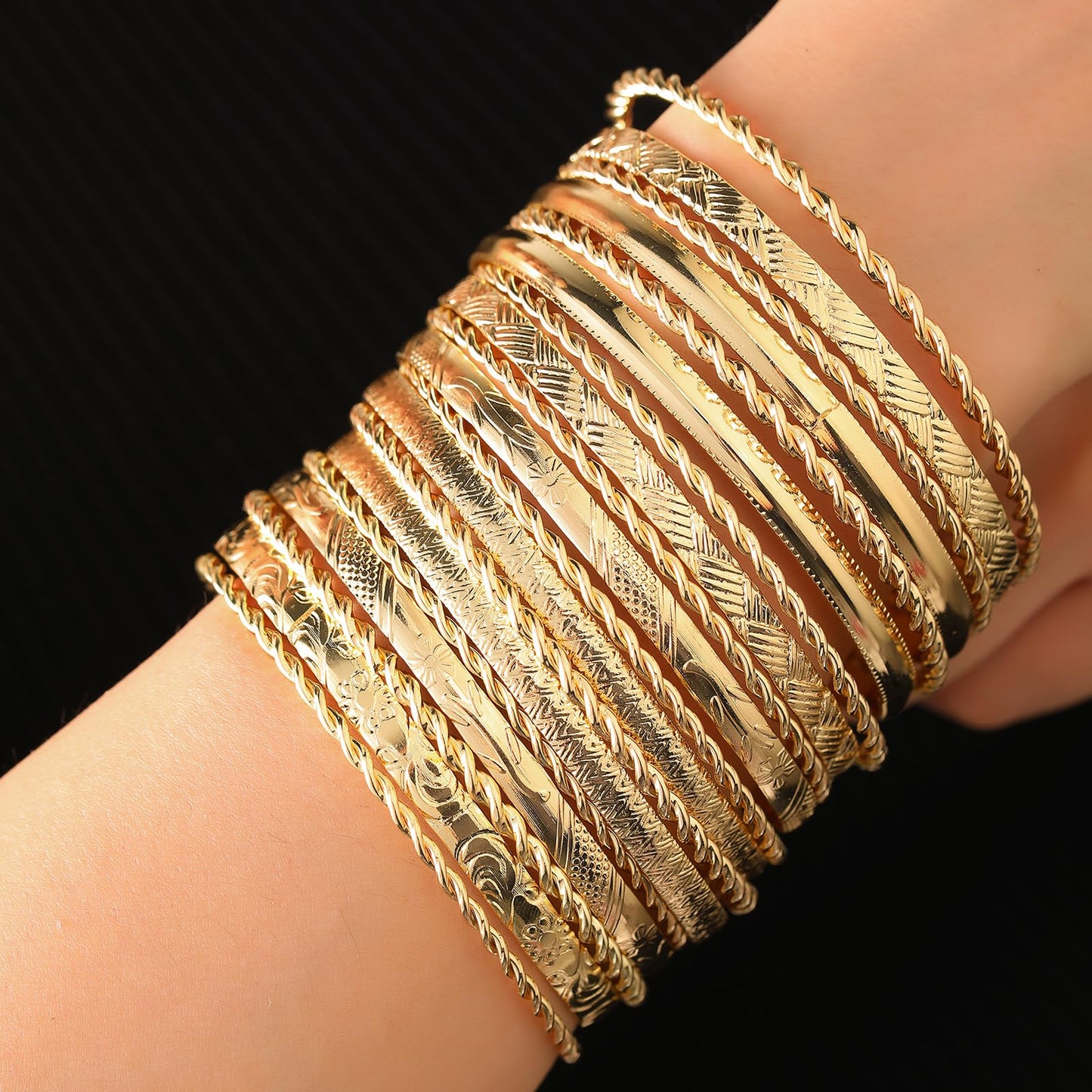 RINTOLER 19Pcs Gold Bangle Bracelets for Women - Multi Layer Stackable Textured Bracelets Boho Bracelets Set for Women. (19Pc Gold)