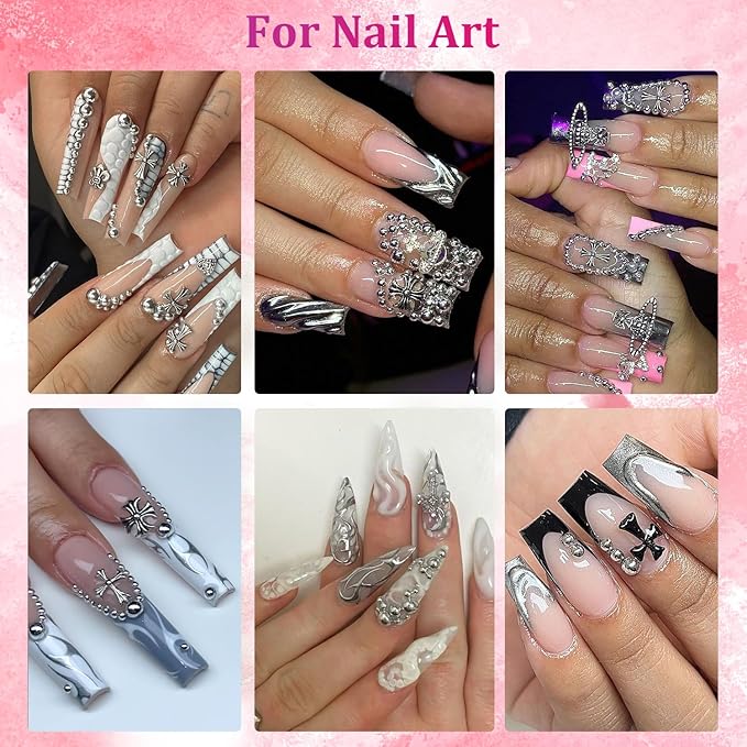 Belleboost Silver Nail Charms and Gems, 2 Boxes Half Round Flatback Pearl Nail Charms, Nail Pearls Rhinestones Silver Beads for Nails with Pencil and Tweezer for DIY Nail Art, Face Makeup and Crafting