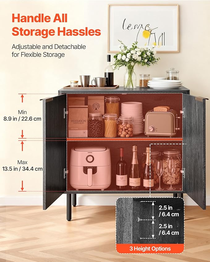 VEVOR Fluted Cabinet, Buffet Cabinet with 2-Tier Storage, Coffee Bar Cabinet with Adjustable Shelves, Sideboard Buffet for Hallway, Entryway, Living Room, or Kitchen, Black