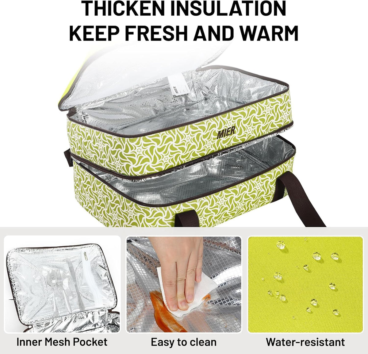 MIER Insulated Casserole Carrier Fits 9"x13" Baking Dishes/Foil Pans, Double Food Carriers Bag Thermal Holder for Hot or Cold Food Lasagna Lugger Potluck Parties Picnic Travel, Green