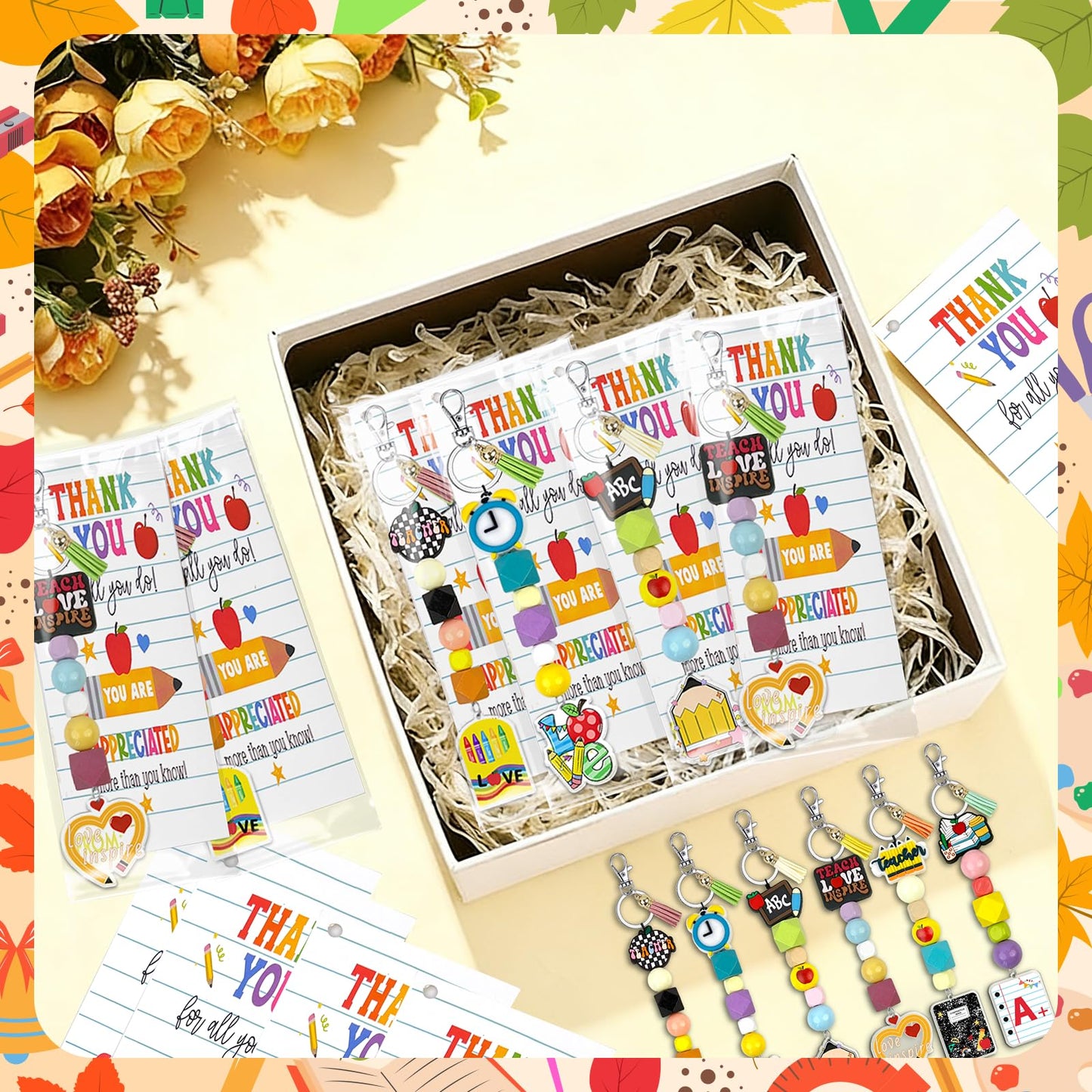 Gaiaring 72 Pcs Large Teachers Appreciation Gifts Set Teacher Appreciation Keychains Apple Beaded Lanyard Keychain with Cards