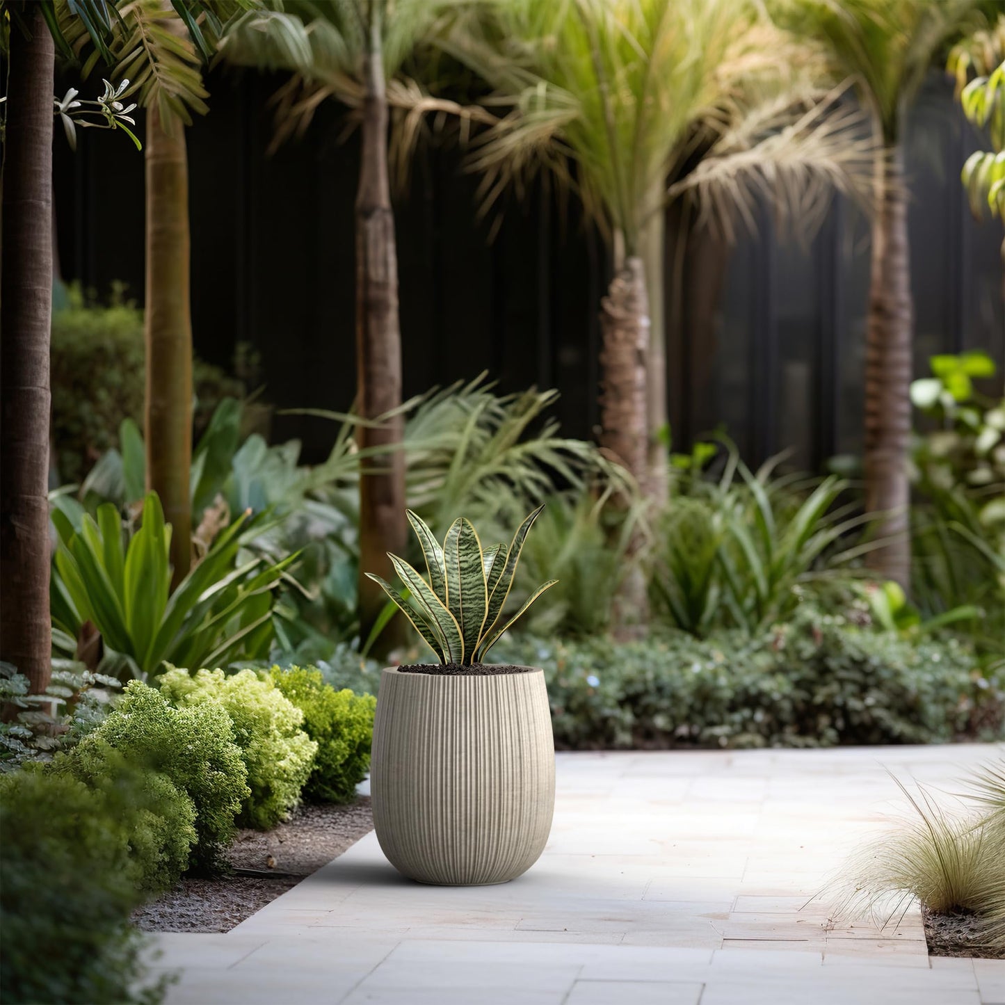 Kante 12.6" Dia x 14.6" H Round Concrete Planter, Streamlined Fluted Large Plant Pot with Drainage Hole and Rubber Plug for Home, Patio, Garden, Weathered Concrete Finish with Painted Interior