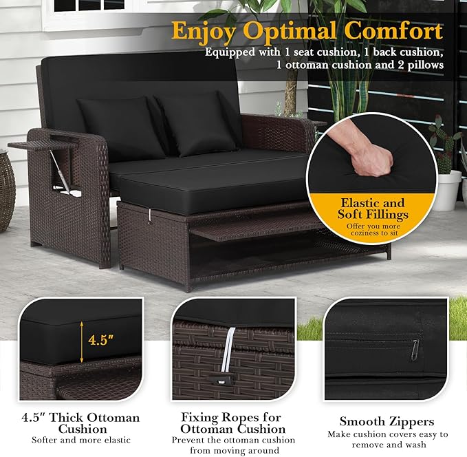HAPPYGRILL Patio Rattan Wicker Daybed with Loveseat & Storage Ottoman, Outdoor Lounge Sofa Furniture Set with Adjustable Backrest & Side Trays, for Poolside Deck Porch Lawn (Mix Brown & Black)