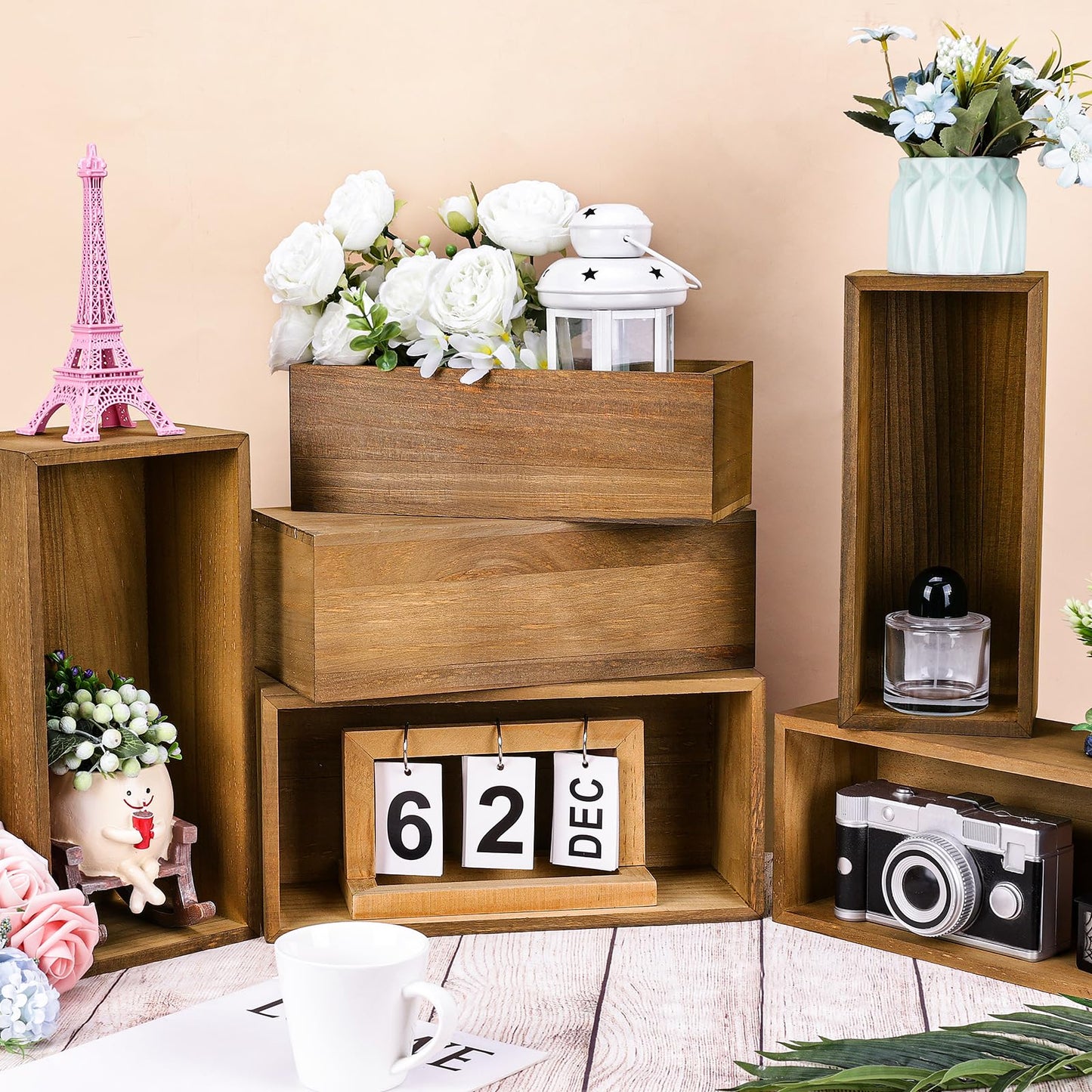 LEIFEOSH 6 Pcs Rustic Wooden Boxes for Storage, Decorative, Display, Arts & Crafts, Rectangle Wooden Crate Wood Planter Box Party Food Risers Nesting Box Wedding Table Centerpiece Home Decor, Brown