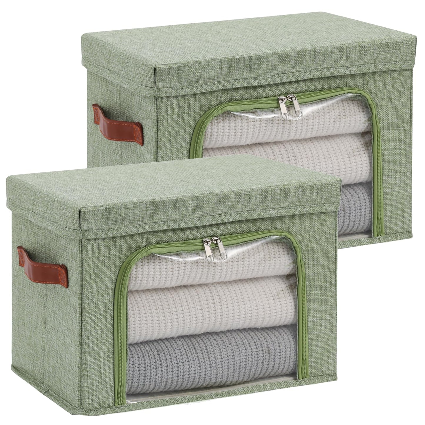 LOLUVIZCO 2PCS Large Storage Bins Boxes with Lids Clear Window Zipper Closure Decorative Cotton Linen Fabric Baskets with PU Leather Handles PP Board Collapsible Shelf Closet Organizer (Light Green)