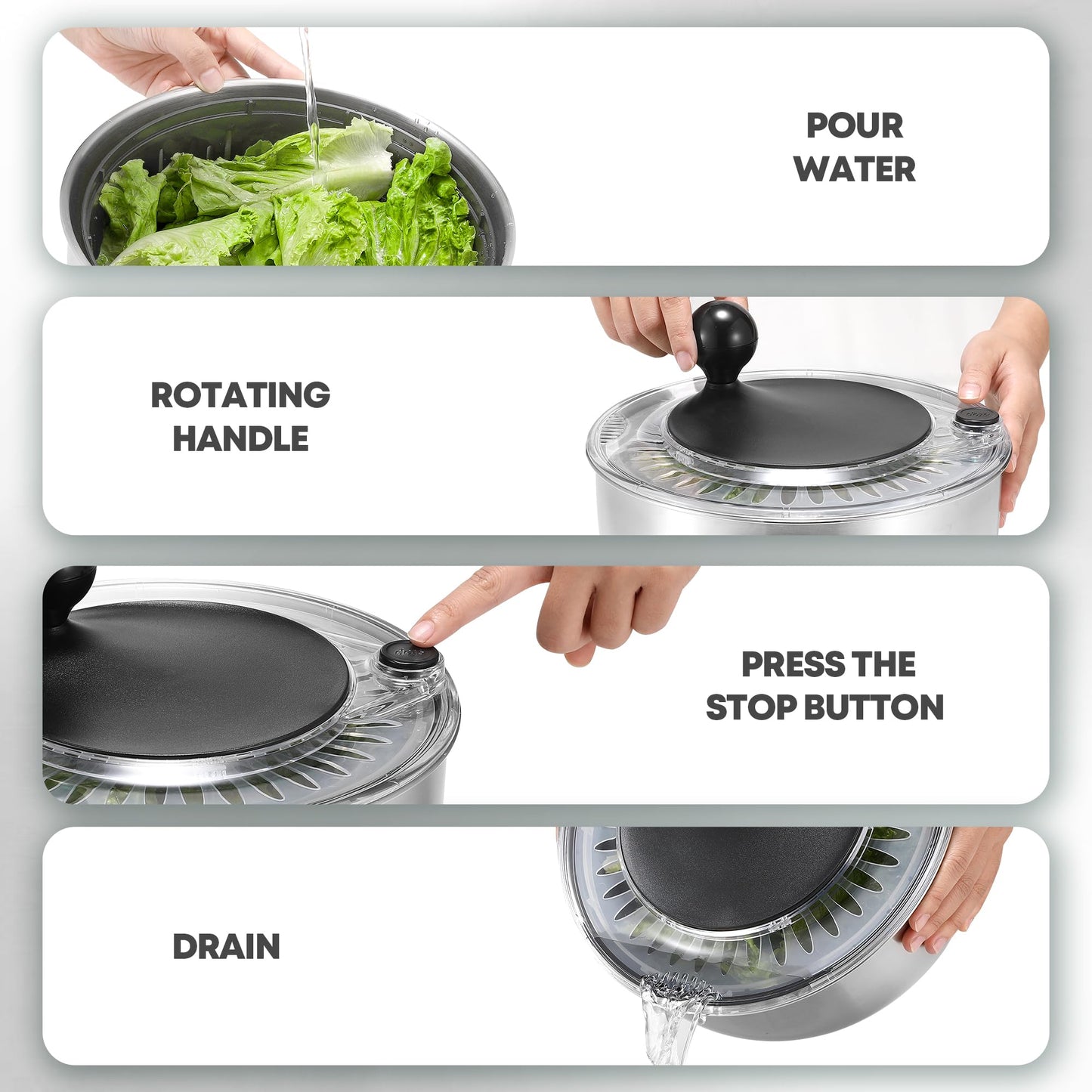 SveBake 5.3Qt Stainless Steel Salad Spinner with Stop Button, BPA-Free Vegetable Lettuce Spinner, Transparent Lid & Drainage Hole, Non-Slip Base, Dishwasher Safe Fruit Washer