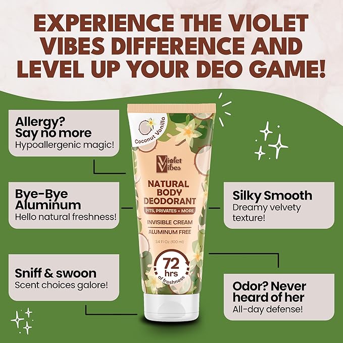 Violet Vibes Deodorant Cream for Women | Hypoallergenic & Gentle On Skin | Noni Leaf Extract, Aluminum-Free, Sensitive Skin, Fresh Odor Control for Whole Body 100mL (3.4 fl oz.) (Coconut Vanilla)