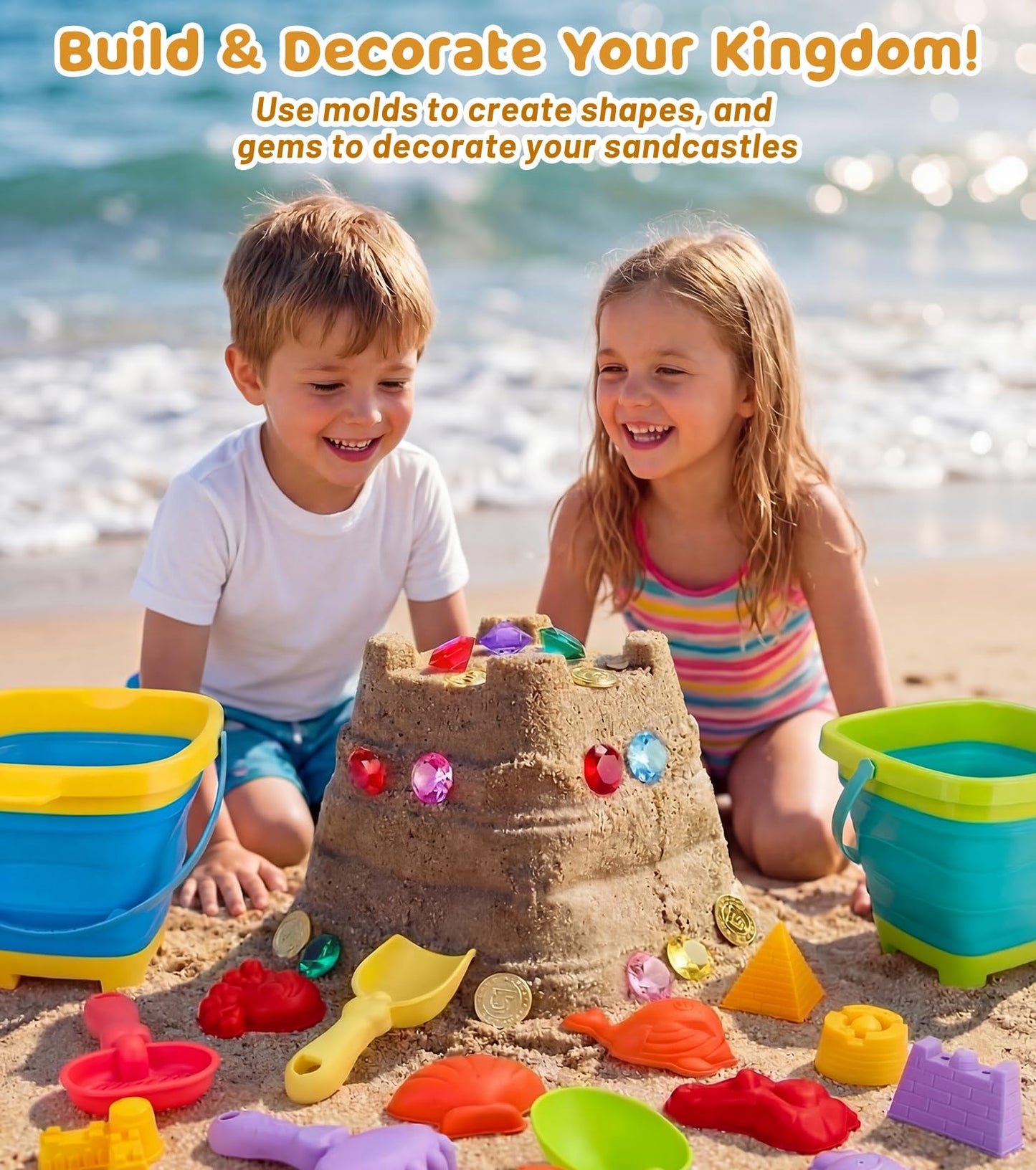 Eicaus 46 PCS Beach Sand Toys for Kids Toddlers, Collapsible Sand Buckets & Mesh Bag Set with Heavy Duty Metal Sifters, Treasure Hunt Gems, Castle Molds, Travel Sandbox Toys for Boys Girls