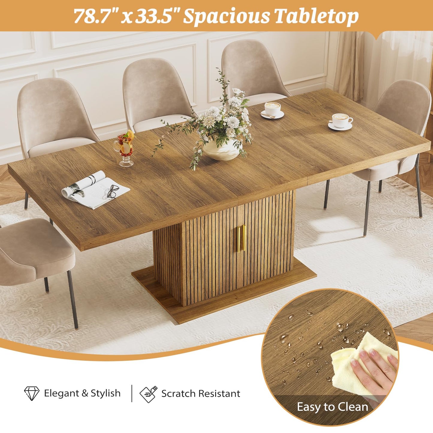 Zevemomo 62.99"-78.74" Expandable Dining Table with Storage, Extendable Dining Table for 6-10 People, Extra Hidden Storage for Tableware & Wine, Modern Farmhouse Table for Kitchen Living Room-Brown