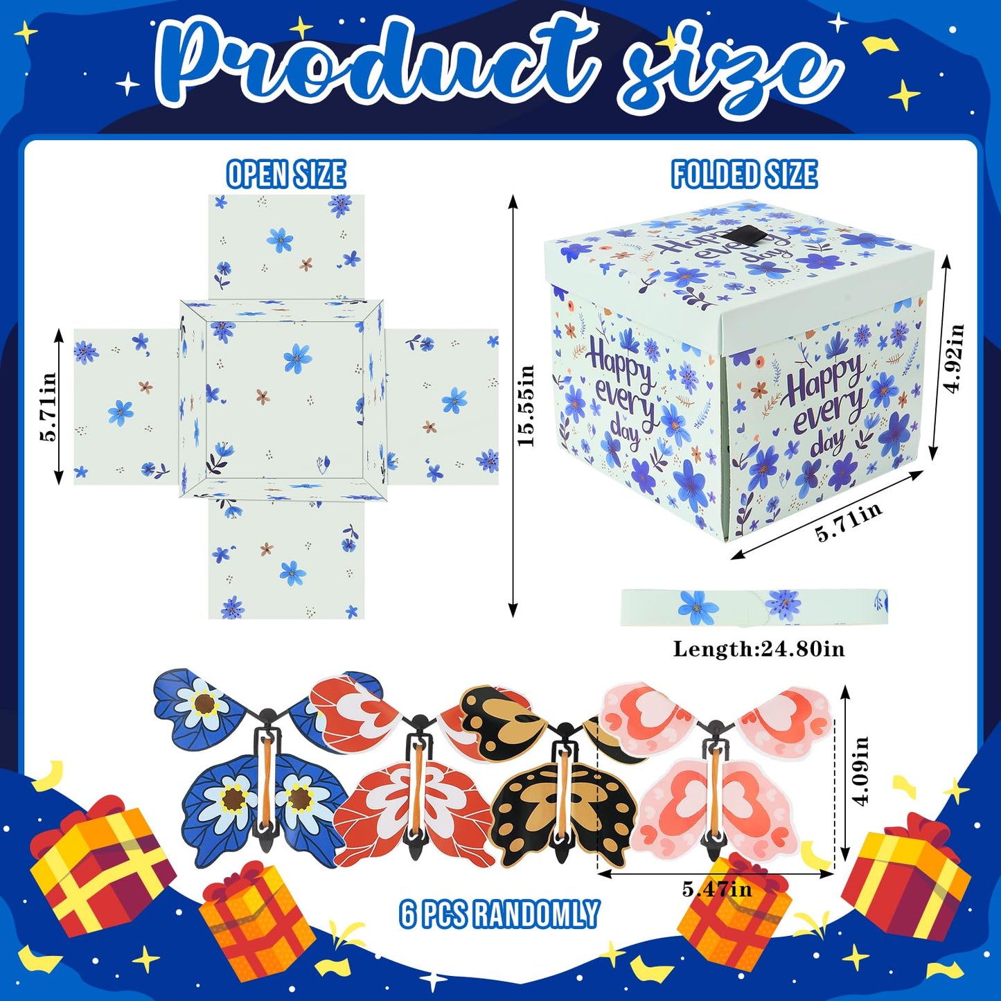 Flying Butterfly Explosion Gift Box with 6 Pcs Flying Butterflies, Surprise Birthday Gift Box with Butterfly， Surprise Cake Boxes for Birthday, Anniversary, Wedding,Graduation Special Occasions Blue