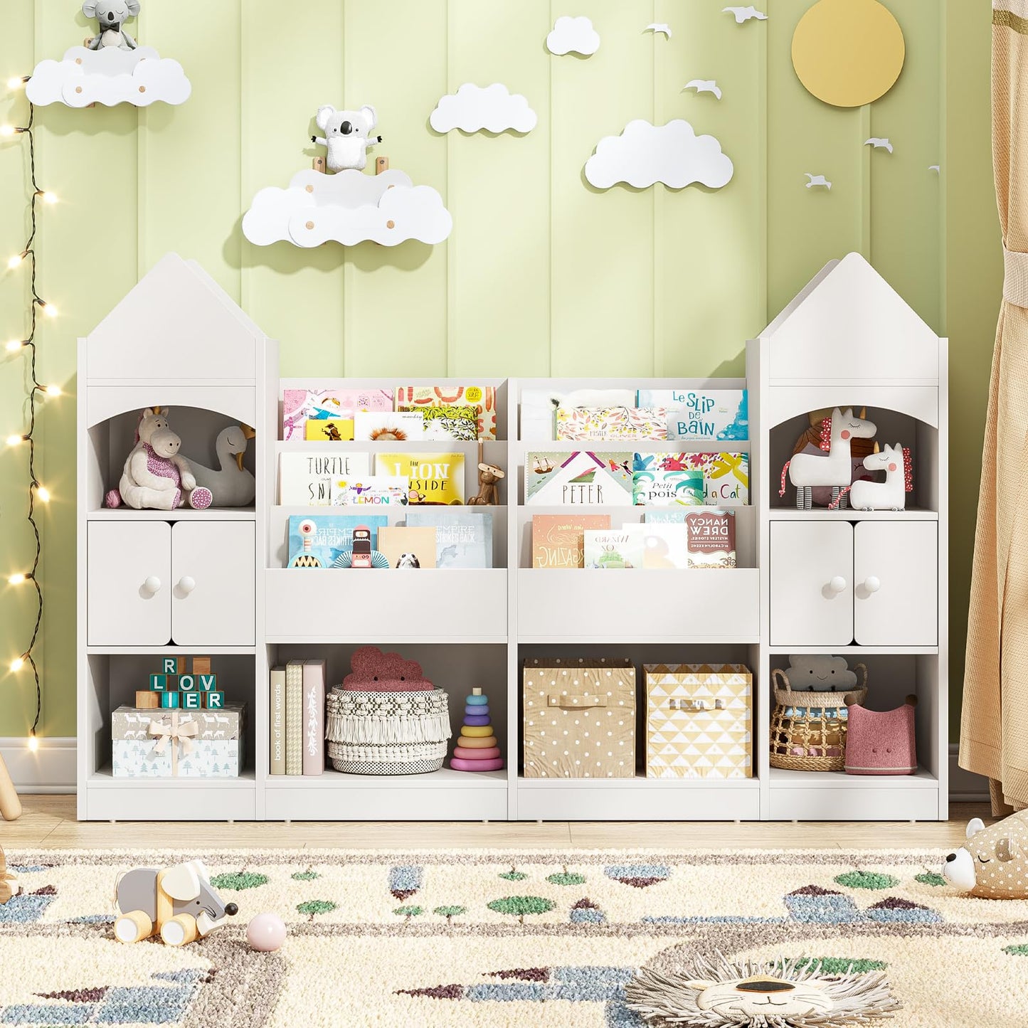 Halitaa Castle Shape Children's Bookshelf, Kids Bookcase Display Case Kids Toy Storage Organizer Multifunctional Storage Cabinet Bookshelf Suitable for Playroom, Children's Room, Living Room, White