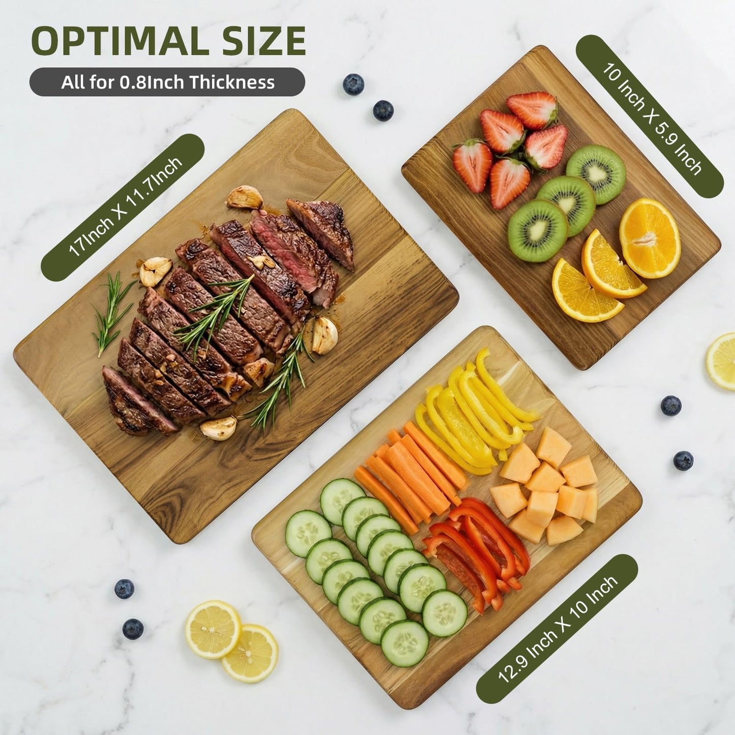 GrovePlatin Teak Wood Cutting Boards for Kitchen (Set of 3), No Juice Groove Chopping Board Charcuterie Cheese Board with Storage Stand