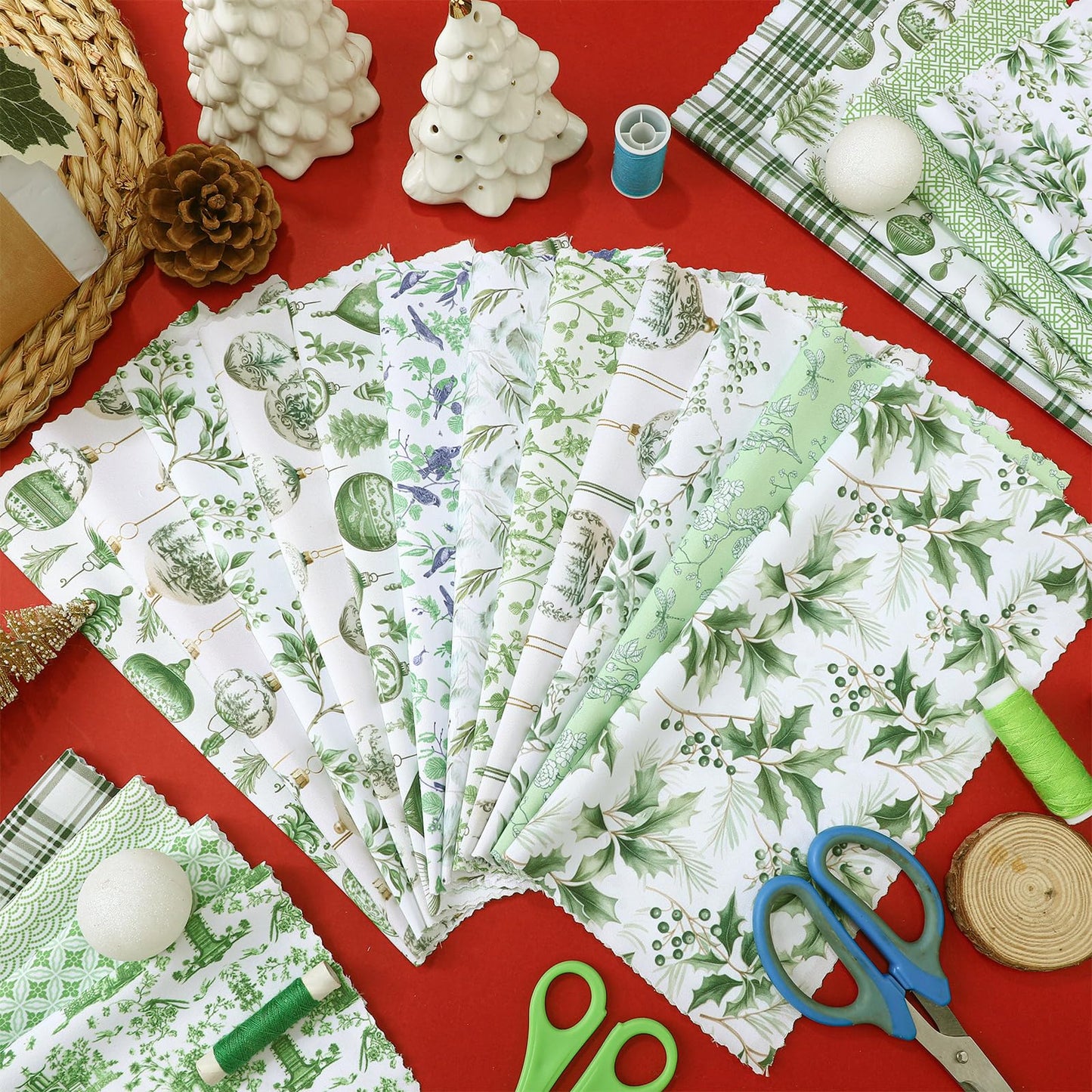 Oudain 60 Pcs 10 x 10 Inch Green Chinoiserie Quilting Fabric Squares Christmas Sage Greenery Fat Patchwork Precuts Pagoda Porcelain Plaid Fabric Bundles for Xmas DIY Craft Sewing Handmade Material