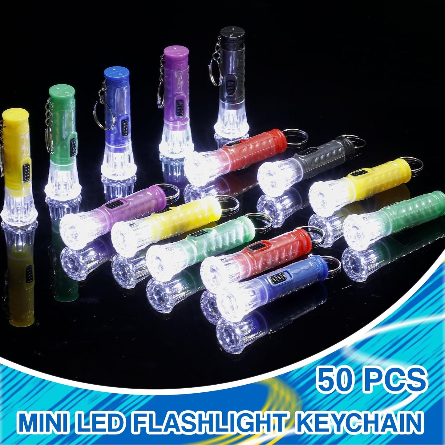 Jexine 50 Pcs Mini Flashlight Keychains Bulk with Lanyard Portable Small Plastic LED Key Chains Flashlights for Night Reading Emergency Hurricane Camping Hiking Party Favors(Assorted,Simple)