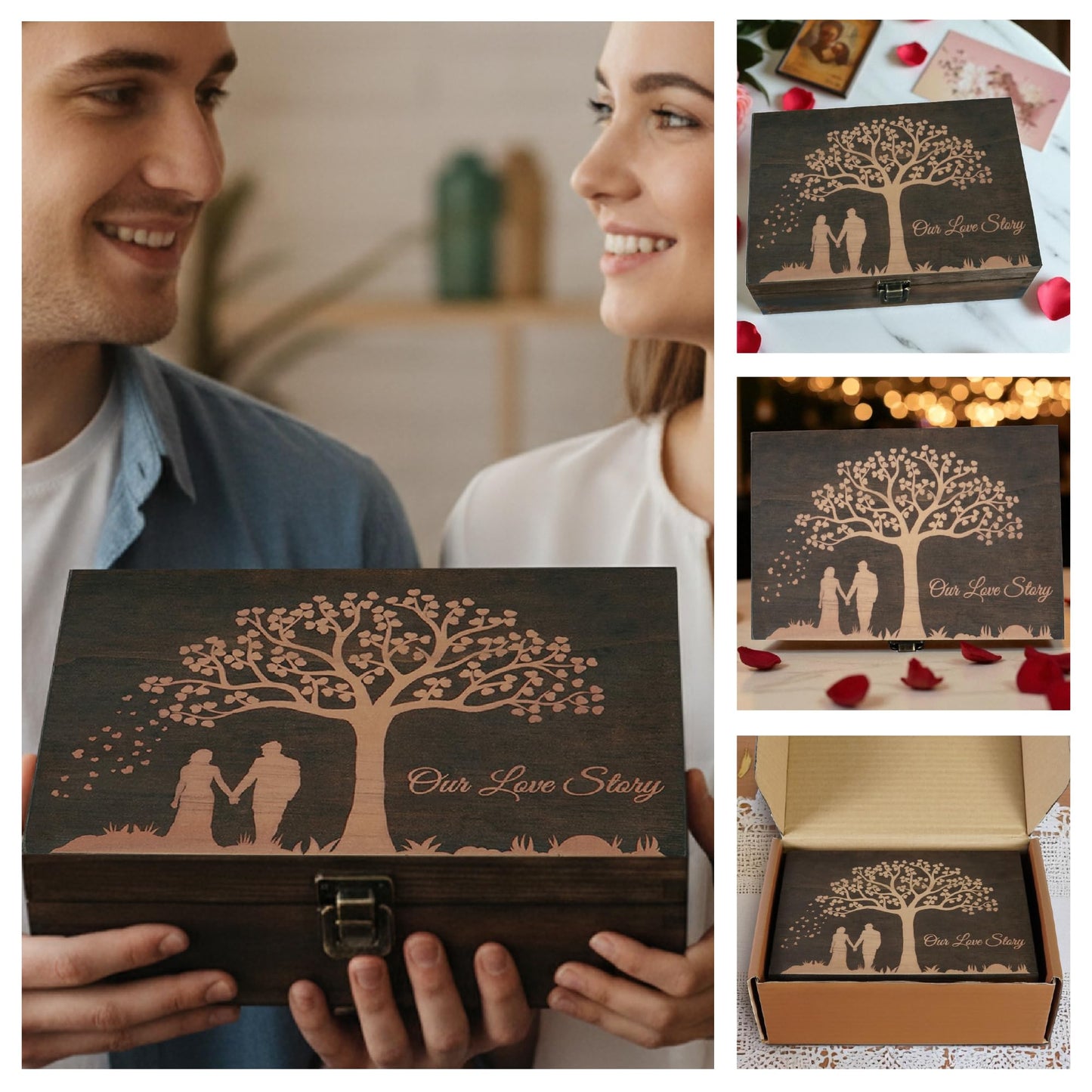 Engraved Wedding Memory Box- Wooden Keepsake Box for Bride & Groom, Letters, Photos, First Anniversary and Valentine’s Day Gift, Personalized Rustic Storage, Medium Size, Dark Walnut - 8.5 x 6 x 3 in