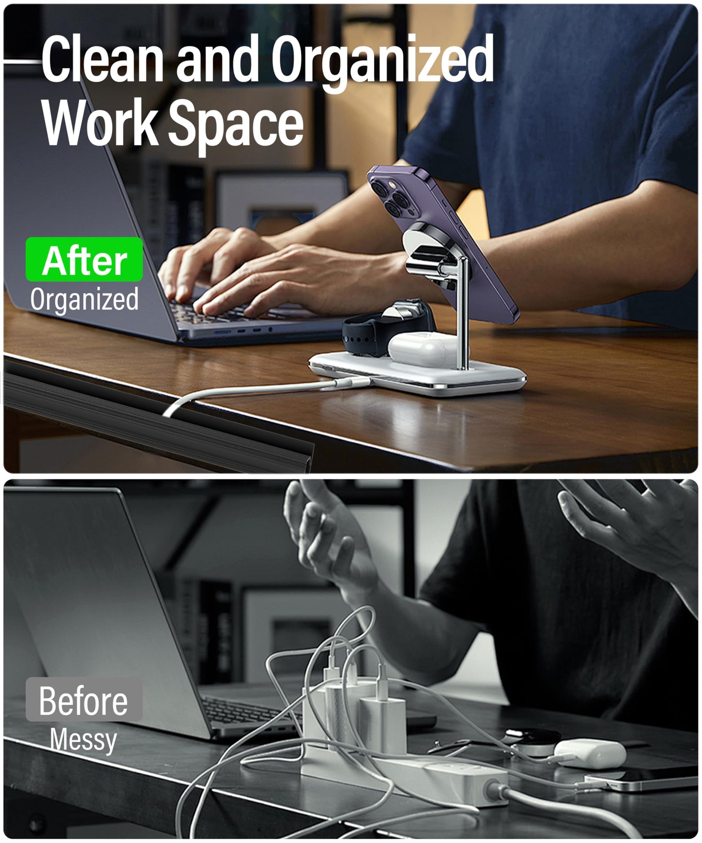 6 Pack Under Desk Cable Management Kit, J Channel Cable Raceway with Double Side Tape, Cord Organizer Tray for Desk, Easy Install, No Drilling, Cable Hider for Home & Office, Child & Pet Proof