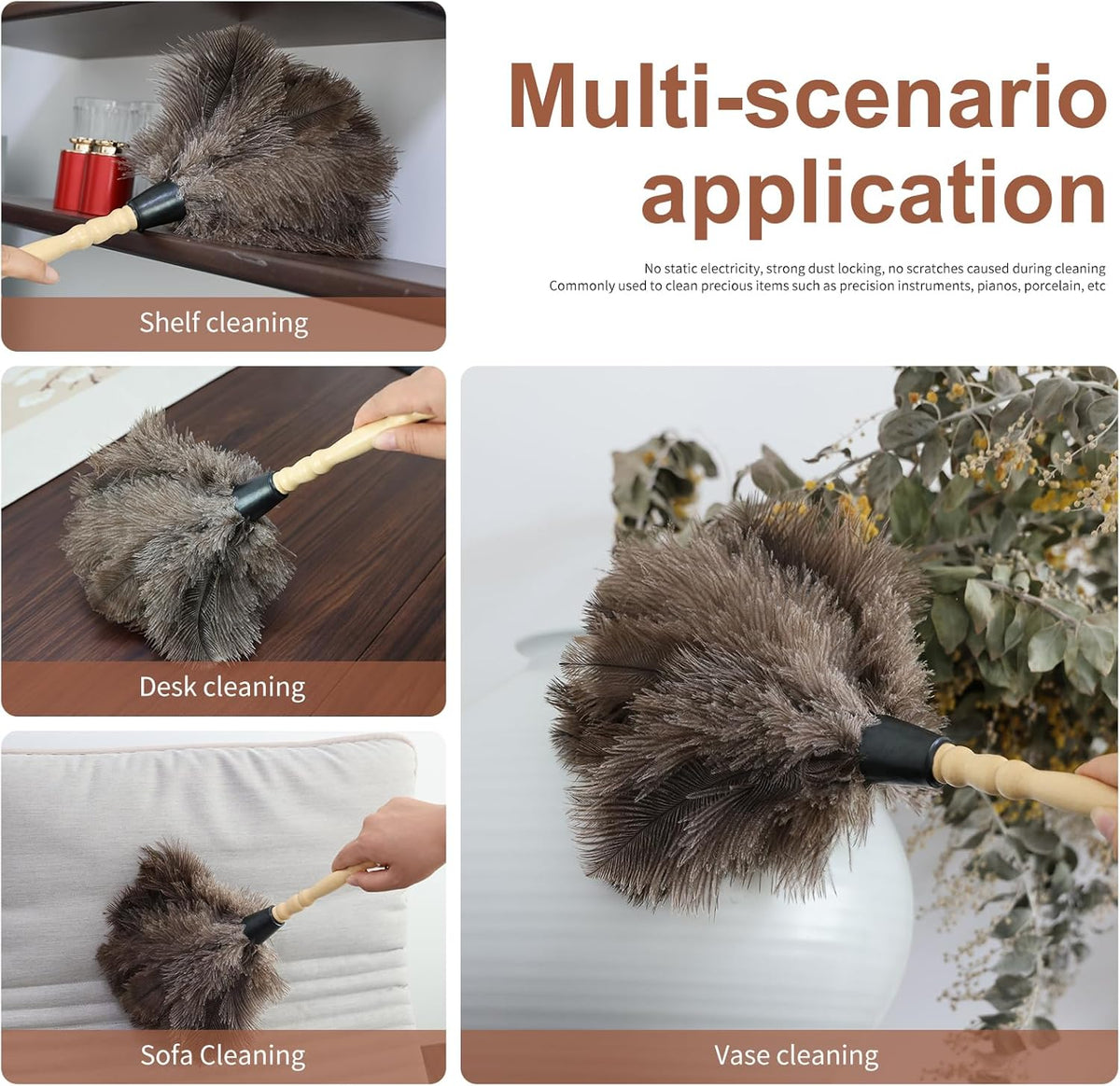 Ostrich Feather Duster 14" Natural Handheld Reusable Feathers Dusters with Wooden Handle for Cleaning Supplies Home Car Office