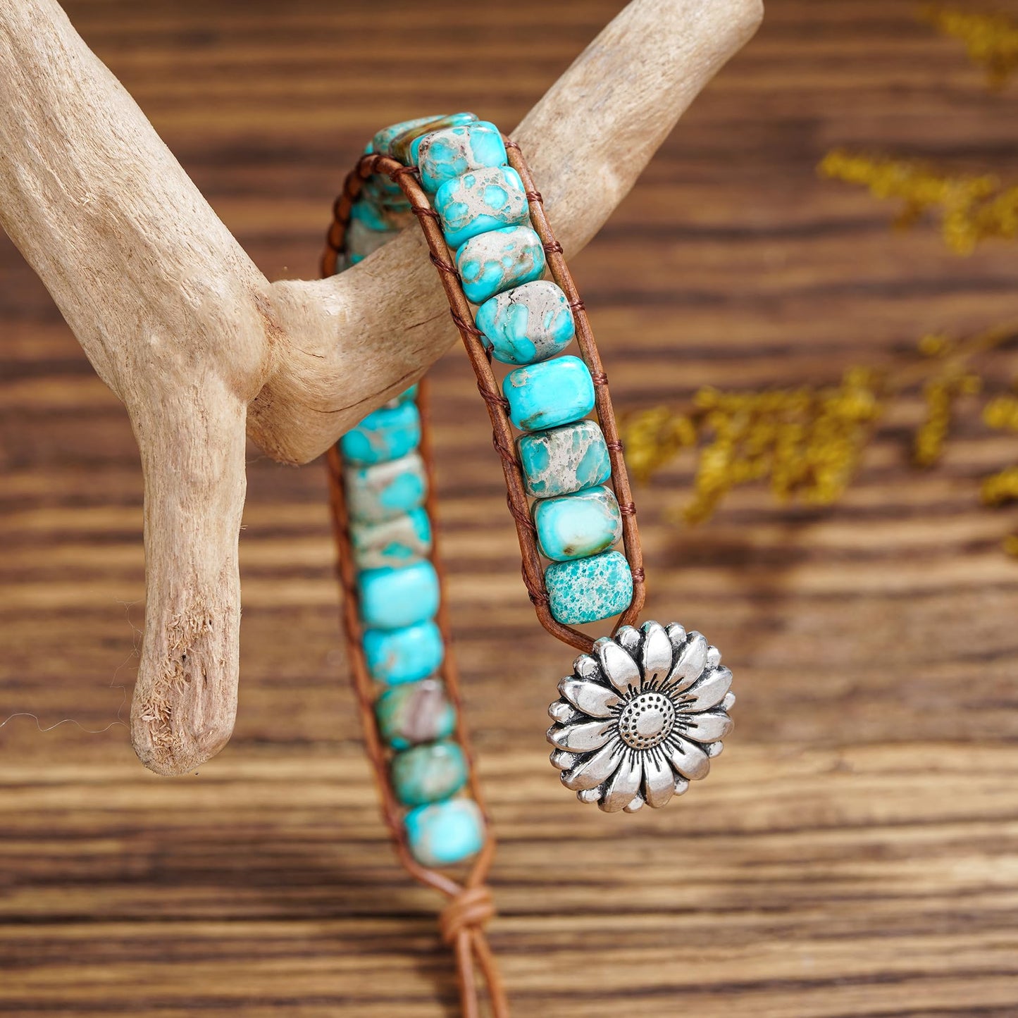 Plumiss Boho Handmade Turquoise Blue Imperial Jasper Bead Wrap Bracelet for Women Men