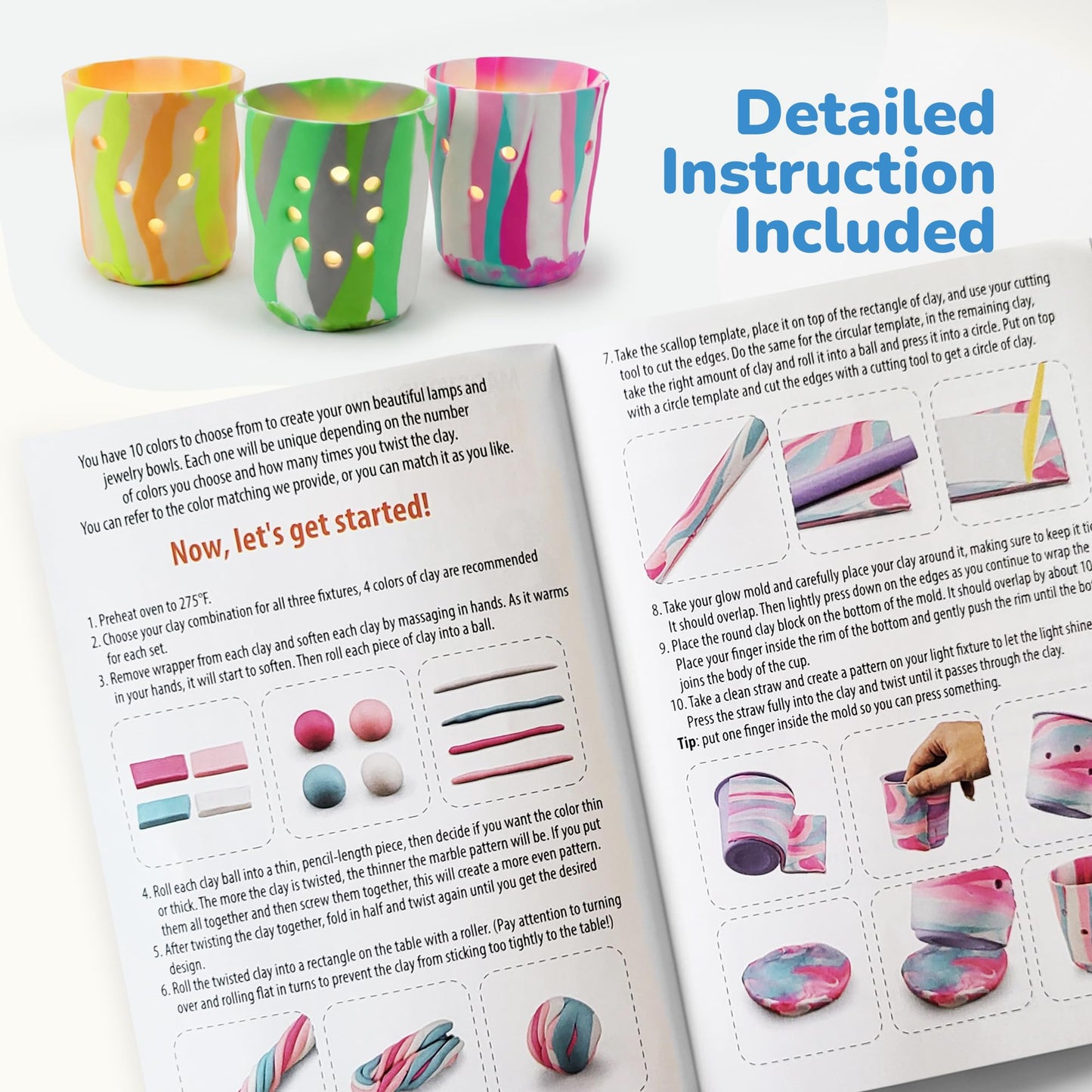 ArtCreativity DIY Clay Lanterns Making Kit - Makes 3 Lanterns and 3 Jewelry Bowls - Kids Lantern Making Kit with 12 Clay Packages, 3 Battery Tea Light Candles, Sticker Gems, and More Craft Supplies