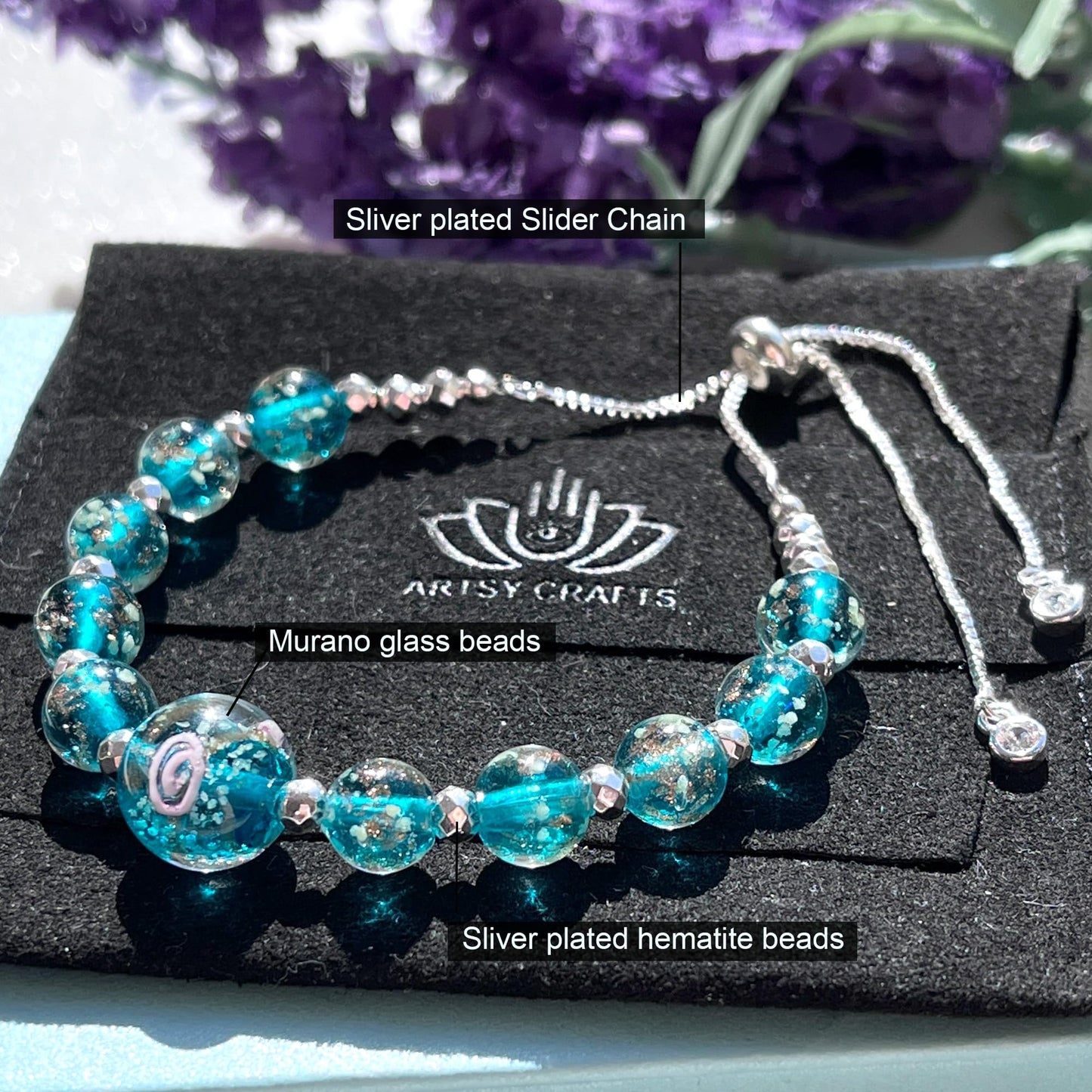 ARTSY CRAFTS INC Glow in The Dark Firefly Beads Bracelets Necklaces, Murano Glass Beads Crystal Birthstone Beaded Jewelry Adjustable Slider Chain (Bracelet-Teal)