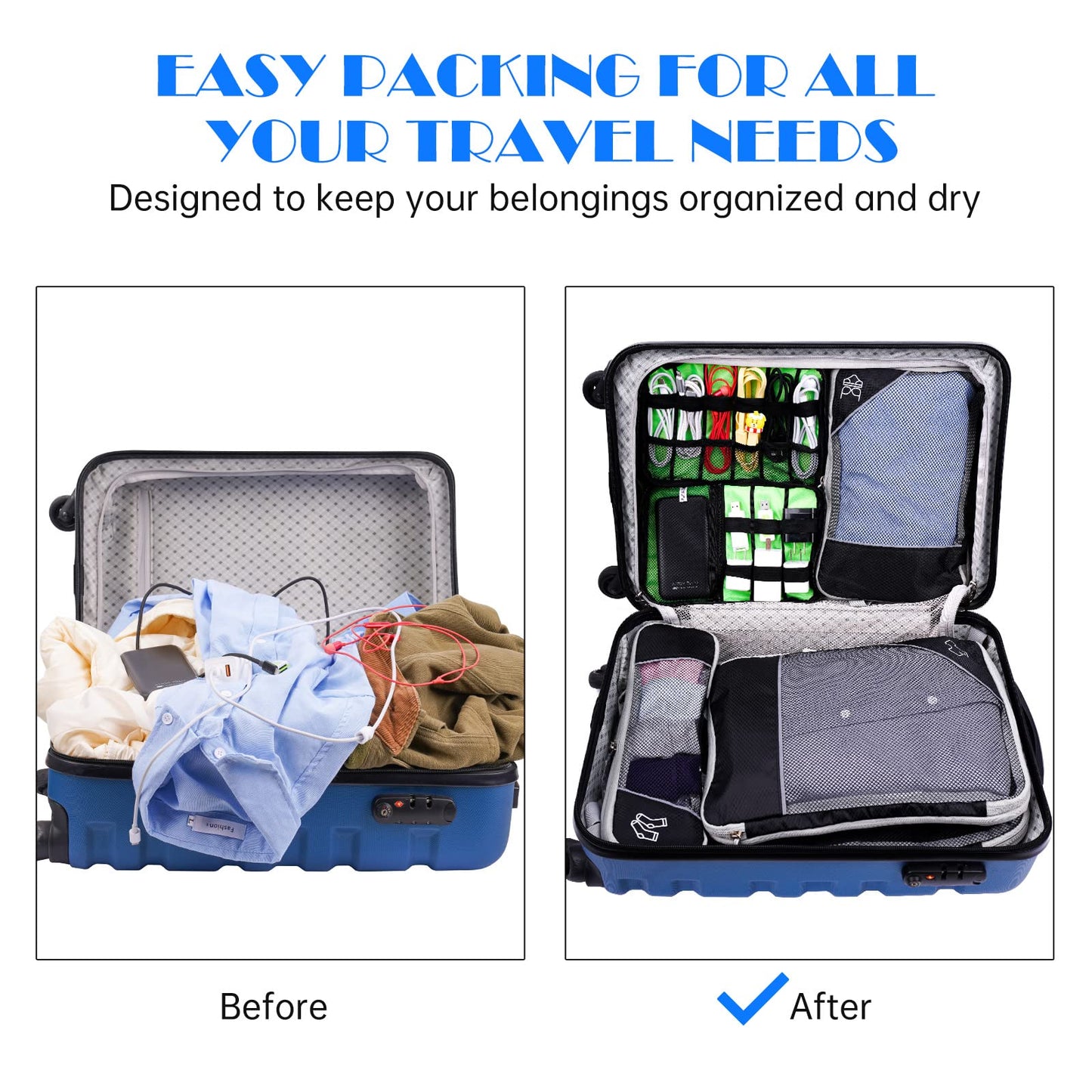 NiHome 7PCS Compression Packing Cube Set Expandable Mesh Travel Bag Luggage Organizers with Electronic Cable Cord Charger Organizer Drawstring Bag for Trip Home Storage Travel Gear Accessories (Black)