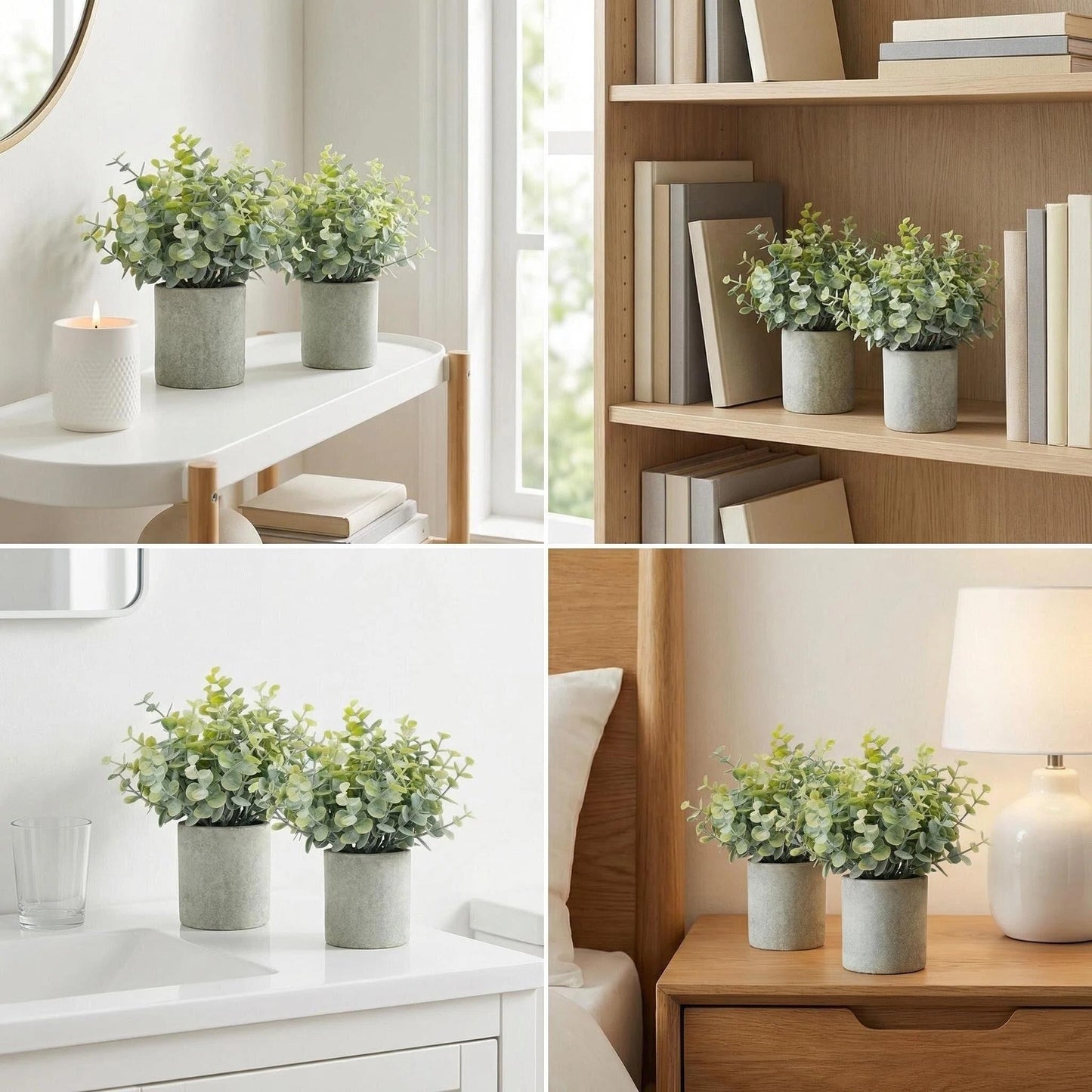 HappyFiller 2PCS Small Fake Eucalyptus Potted Artificial Plants Indoor Outdoor for Shelf,Home,Living Room, Bathroom,Kitchen,Coffee Table Decor