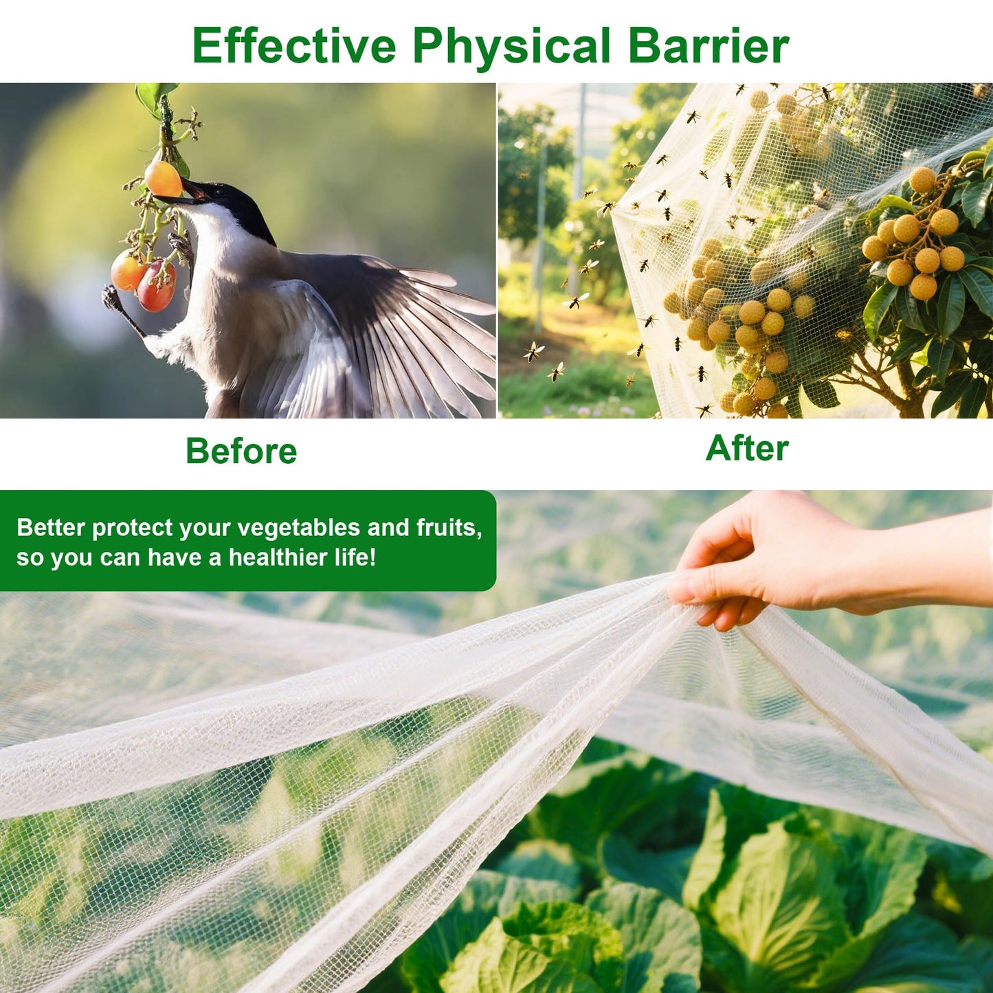 FOTMISHU Garden Netting 10x50FT Ultra Fine Mesh Netting Bird Barrier Protection Vegetable Fruit Tree Bushes Plant Cover for Raised Bed