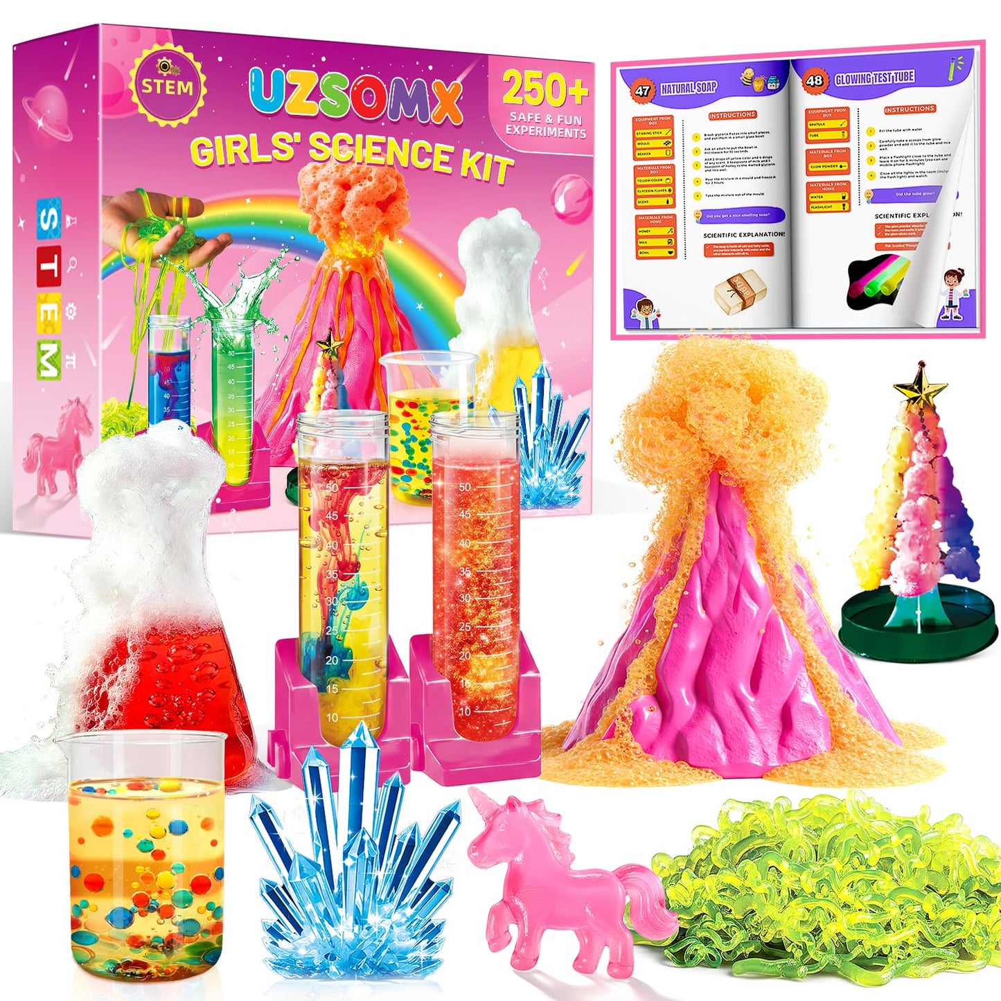 UZSOMX Girls Science Kit for Kids 8-12, 250+ Science Experiments Stem Toy Learning & Educational Projects with Chemistry Set, Crystal Growing, Volcano Science Kit
