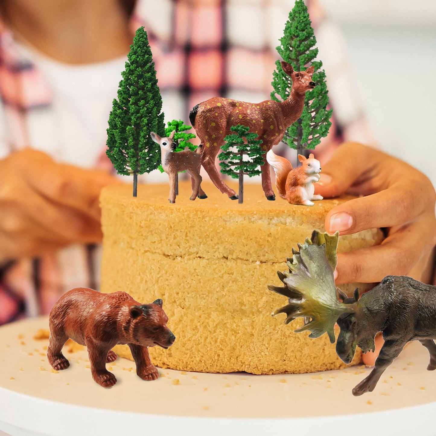 40 PCS Woodland Animals Figures Model Trees 5 Pcs Animal and 35 Pcs Mixed Plastic Trees Forest for Woodland Cake Toppers Decorations Birthday