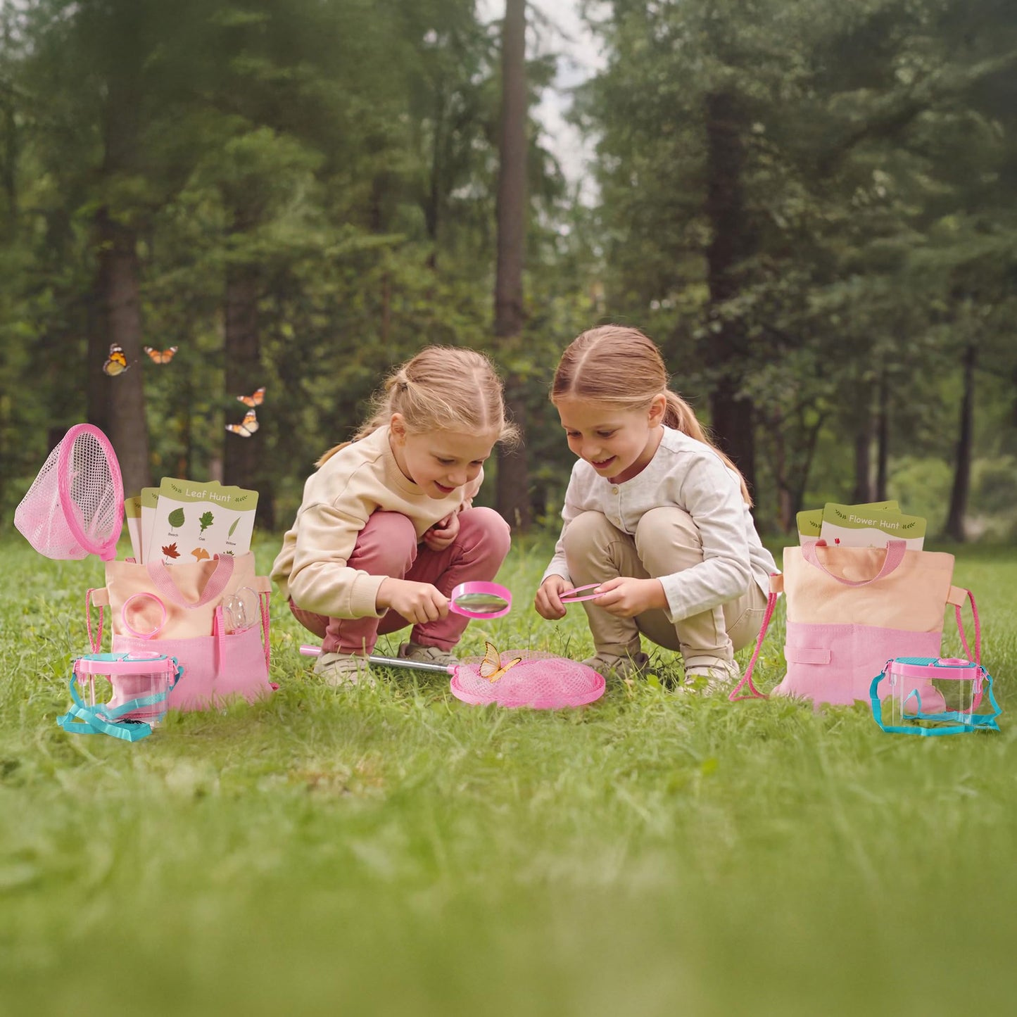 ROBOTIME 2-Person Bug Catcher Kit for Kids - Complete Pink Outdoor Explorer Set with Double Tools for Siblings & Friends (Ages 3+)