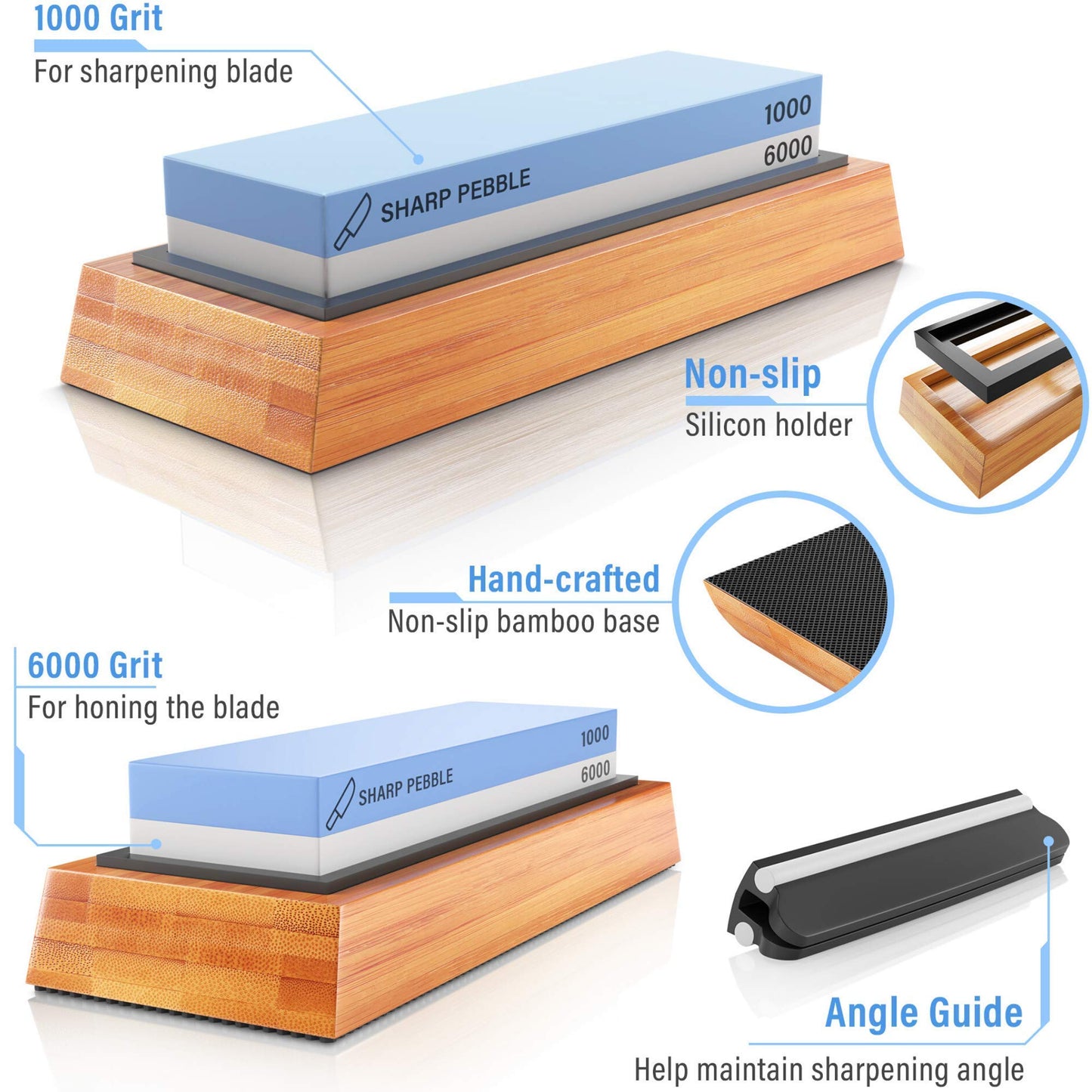 Sharp Pebble Knife Sharpening Stones Kit with 1000/6000 and Classic Leather Strop with Angle Guide & Green Compound