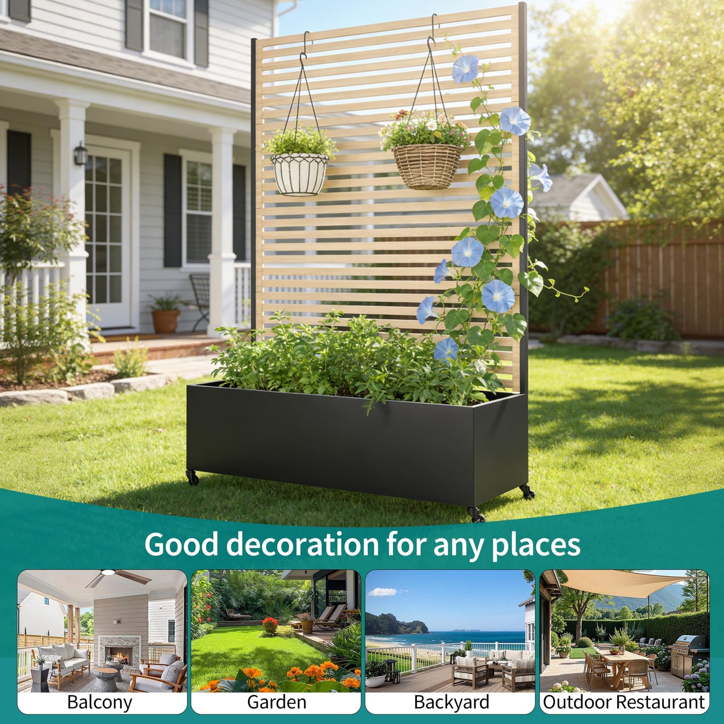 Metal Planter Box with Trellis Privacy Screen, Raised Garden Bed with Trellis & Wheels, Privacy Planters for Patio, Planter Box with Drainage Holes for Climbing Plants, Flower, 73"x 47"x 16", Wood