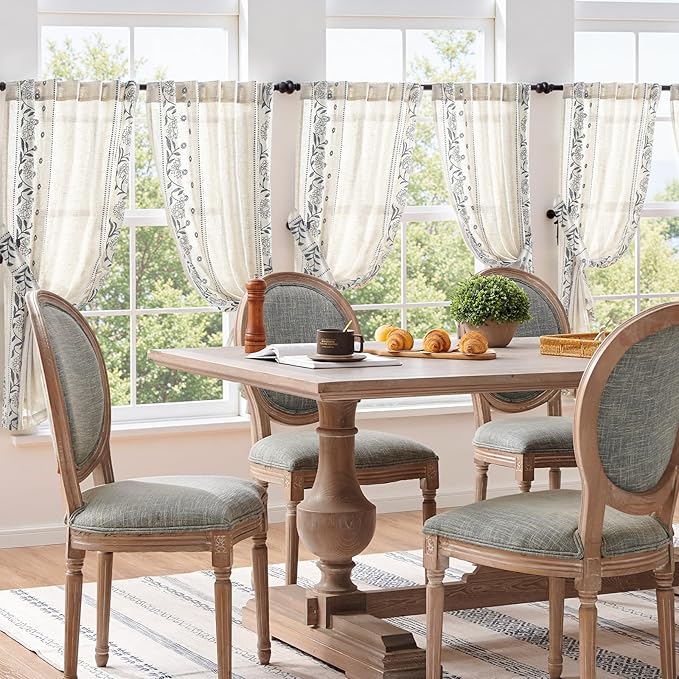 jinchan Winslow Linen Curtains 54 Inch Length Small Window Curtains Embroidered Bordered Floral Drapes Light Filtering for Bathroom Laundry Room Kitchen Farmhouse Decor Blue on Beige 2 Panels