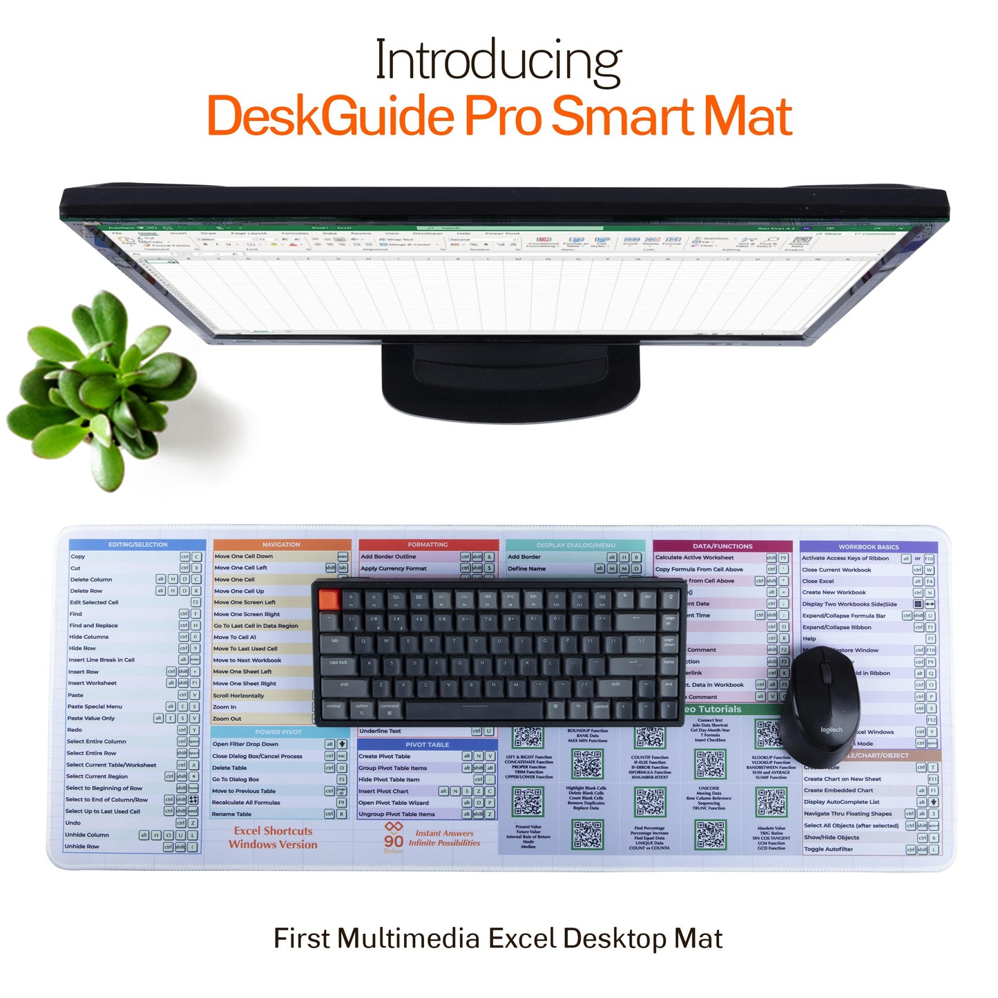 Excel Cheat Sheet Desk Pad - DeskGuide Pro Mouse Pad with 100+ QR Video Tutorials - Excel Shortcuts & Formulas - Large 31.5" x 11.8" Keyboard Mat for Office Desk Accessories