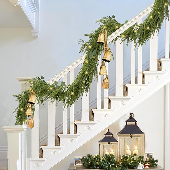 Sggvecsy 6Ft Christmas Fork Norfolk Pine Garland Artificial Christmas Garland Real Touch Pine Greenery with Eucalyptus for Table Wall Mantle Indoor Fireplace Home Holiday Decoration (1 Pack)
