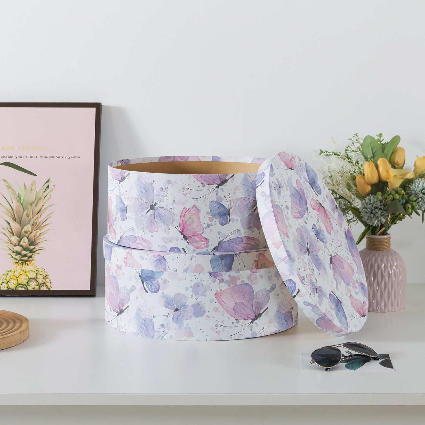 Soul & Lane Large Oblong Cardboard Decorative Storage Boxes with Lids, Set of 2 Cardboard Boxes for Flowers and Gifts, Oval Nesting Memory Containers for Keepsakes and Organizing, Butterfly Garden