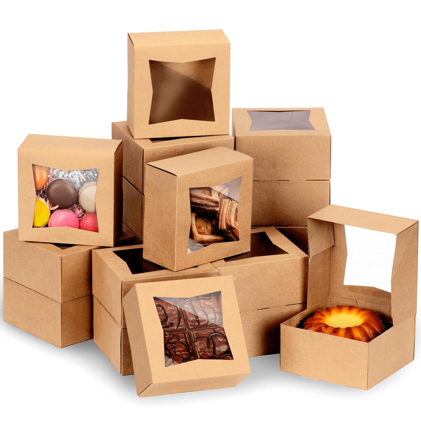 Fit Meal Prep 25 Pack Bakery Boxes with Window 6x6x3 Kraft Cake Box Cardboard Bakery Packaging for Cupcake, Cookies and Pastry, Treat Box Pie Box for Valentine's Day, Christmas
