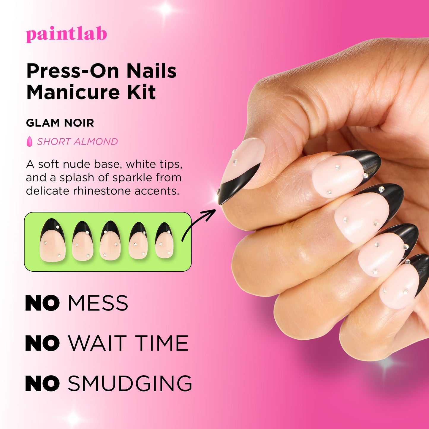 PaintLab Press On Nails - Black Glam Noir 3D Rhinestone Short Almond Fake Nails, 30 Nails in 15 Sizes with Glue, Reusable Salon Quality Press On Nails